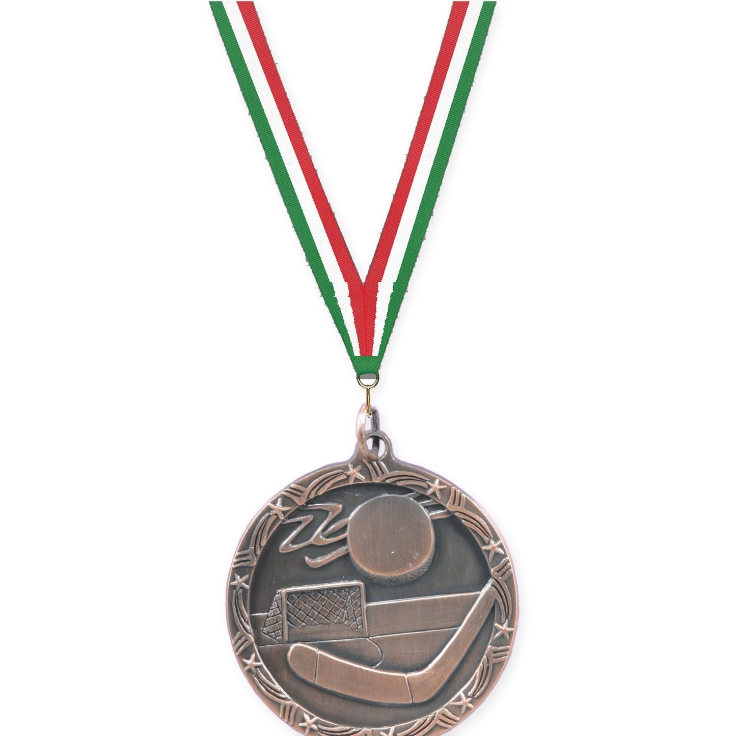 1 3/4 inch hockey Shooting Star medal in antique bronze with Green White Red neck ribbon