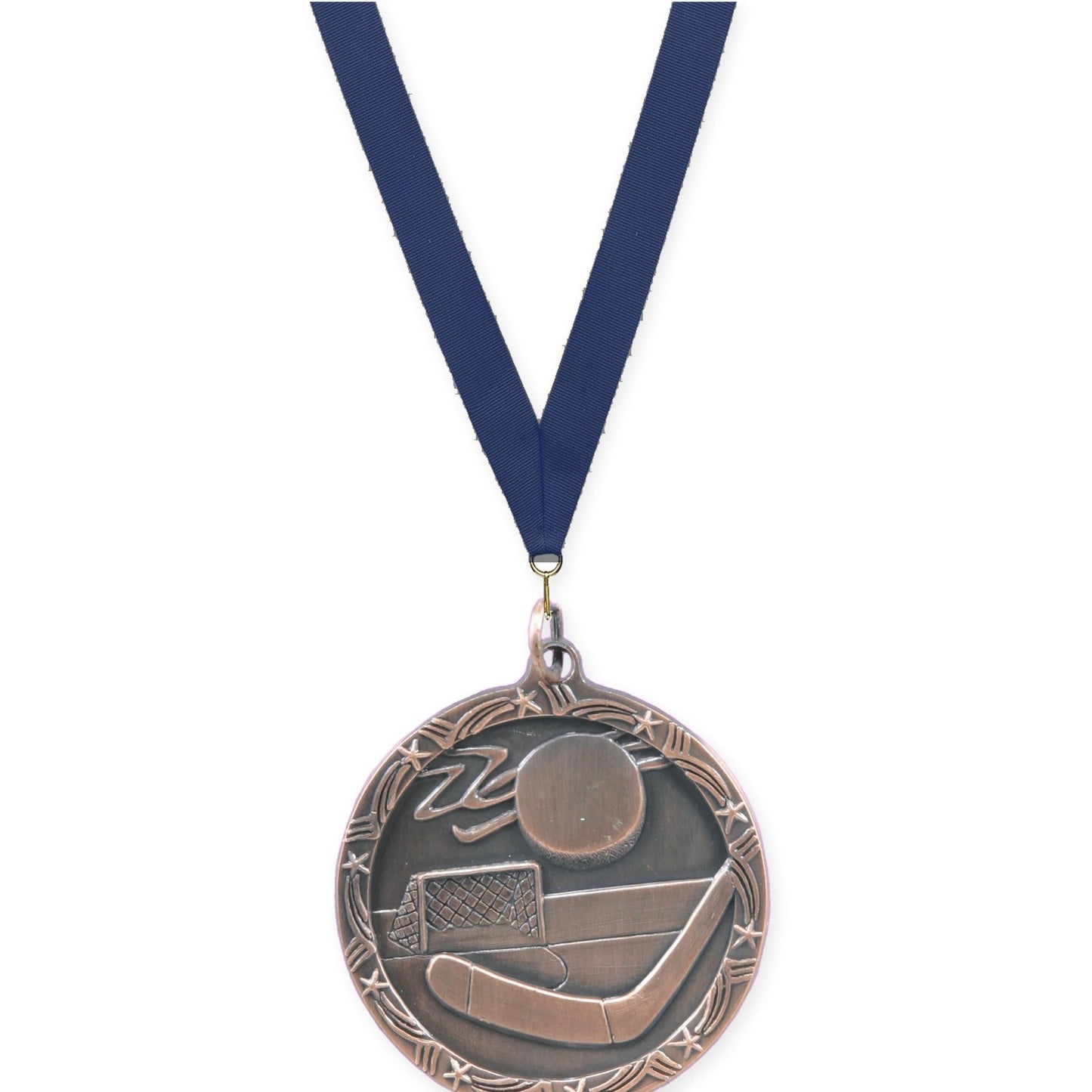 1 3/4 inch hockey Shooting Star medal in antique bronze with Navy neck ribbon
