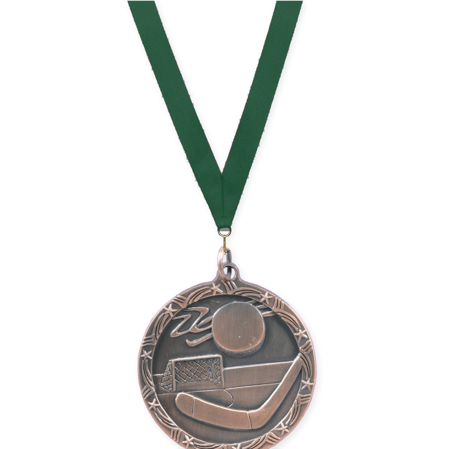1 3/4 inch hockey Shooting Star medal in antique bronze with Hunter Green neck ribbon