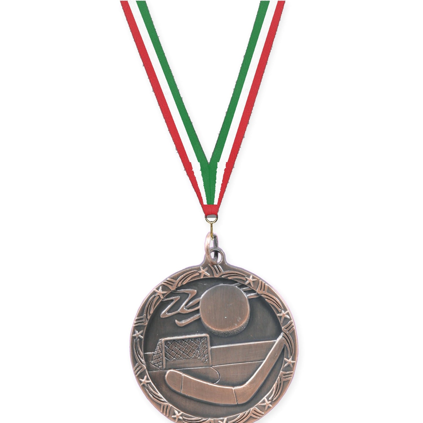1 3/4 inch hockey Shooting Star medal in antique bronze with Red White Green neck ribbon