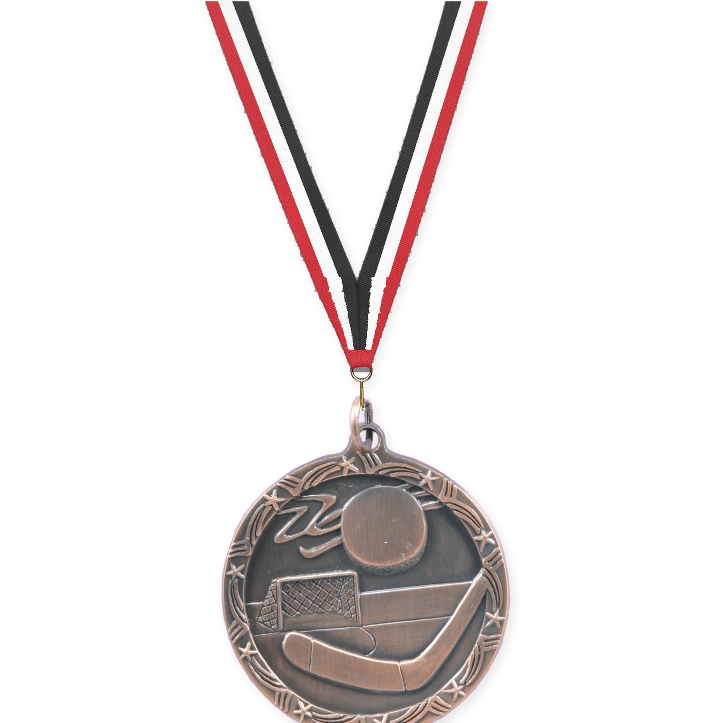 1 3/4 inch hockey Shooting Star medal in antique bronze with Red White Black neck ribbon