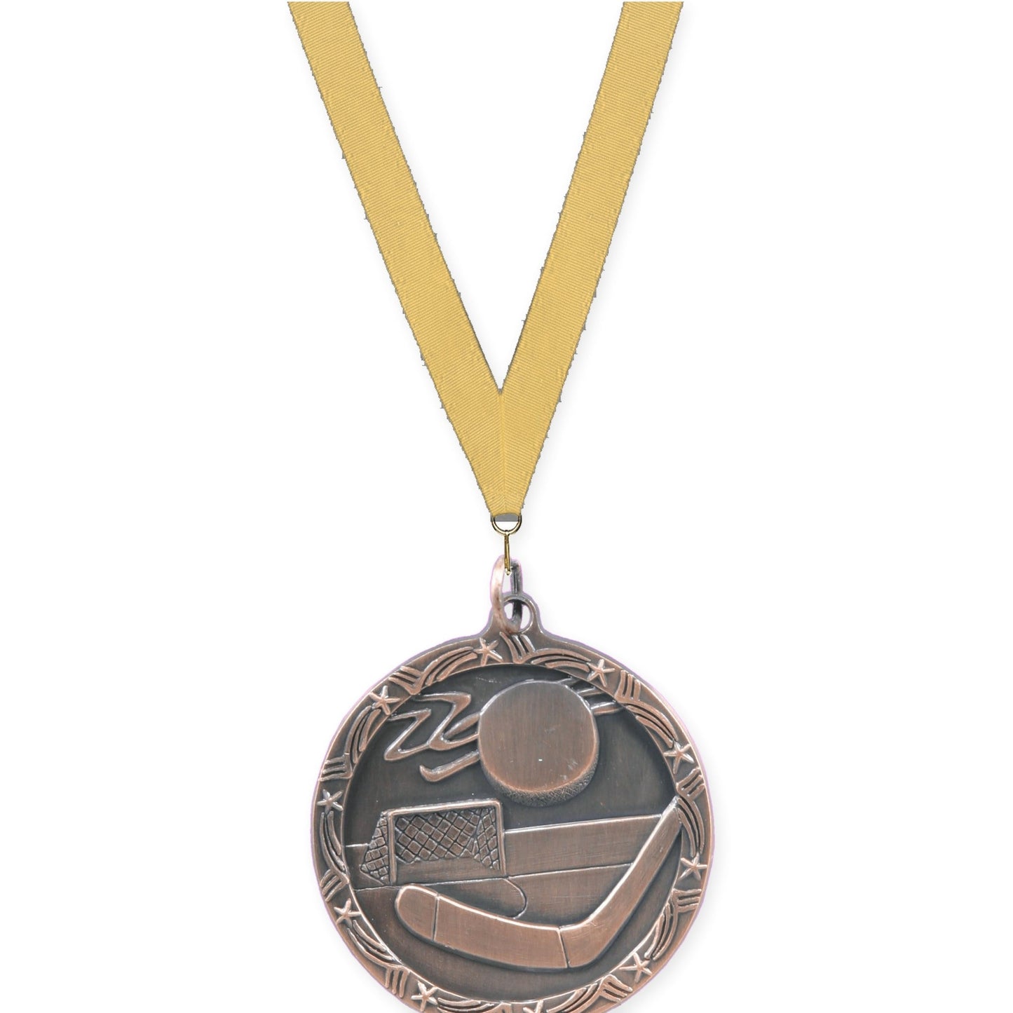 1 3/4 inch hockey Shooting Star medal in antique bronze with Gold Metallic neck ribbon