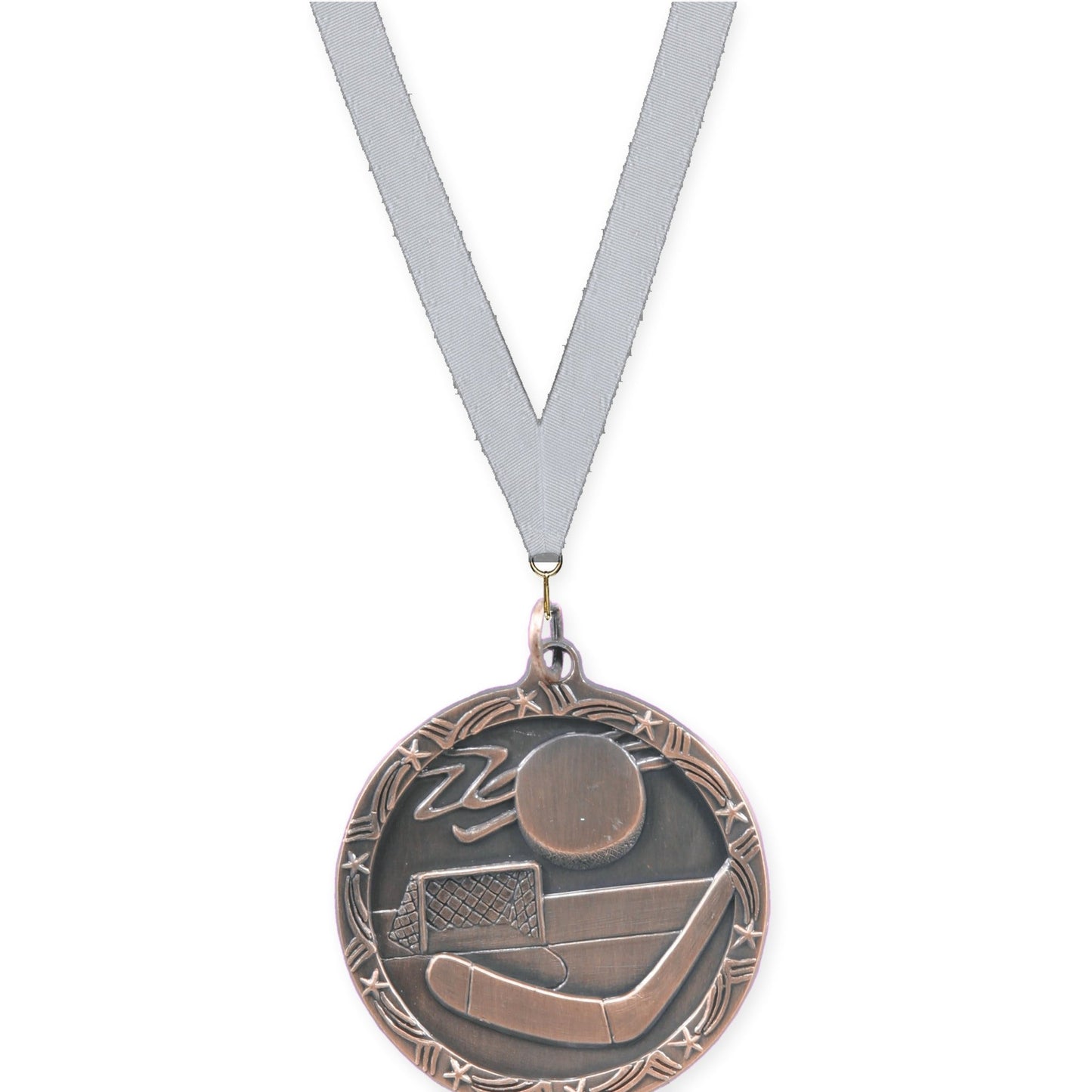 1 3/4 inch hockey Shooting Star medal in antique bronze with Silver Metallic neck ribbon