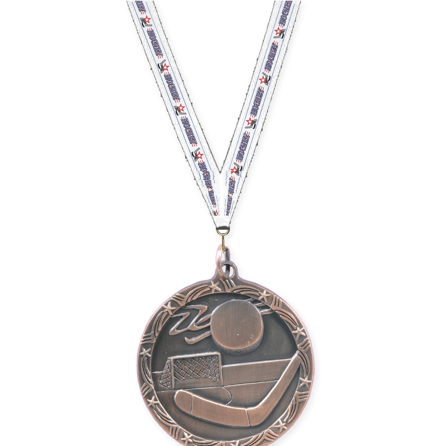1 3/4 inch hockey Shooting Star medal in antique bronze with Hockey neck ribbon