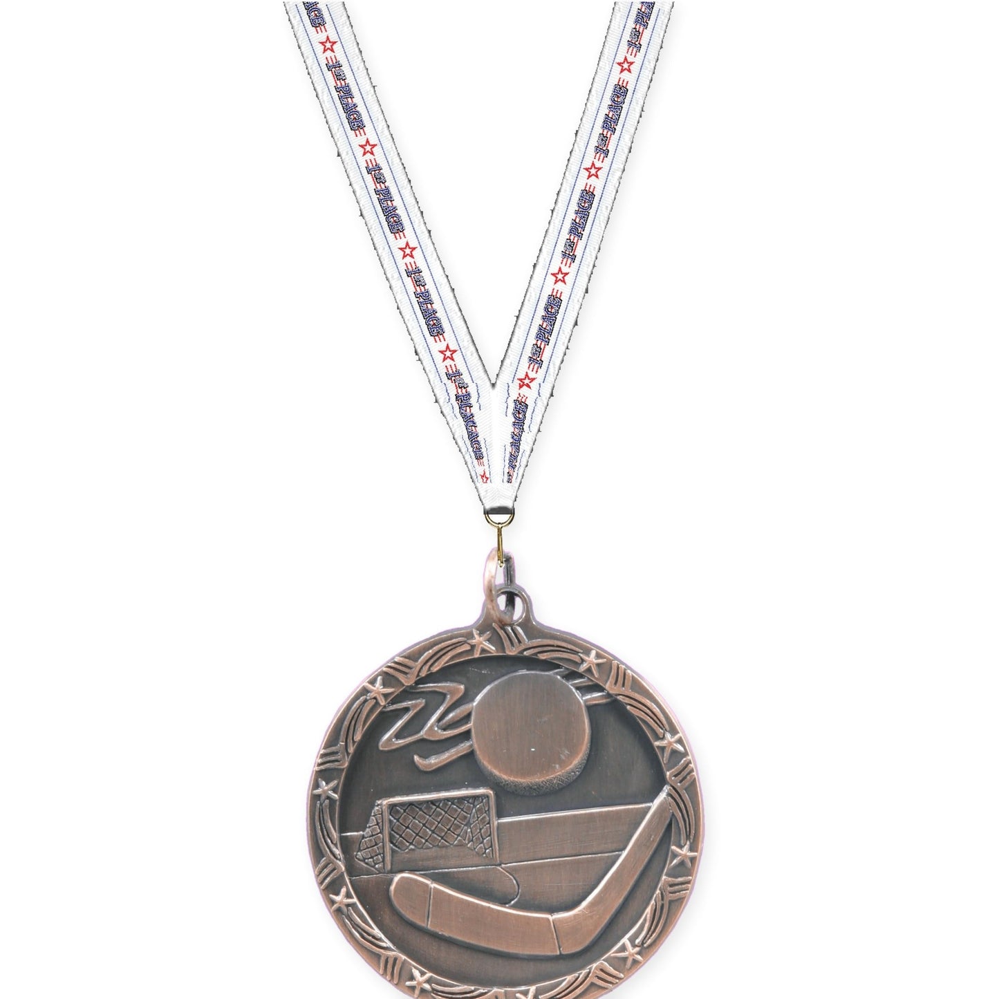1 3/4 inch hockey Shooting Star medal in antique bronze with 1st Place neck ribbon