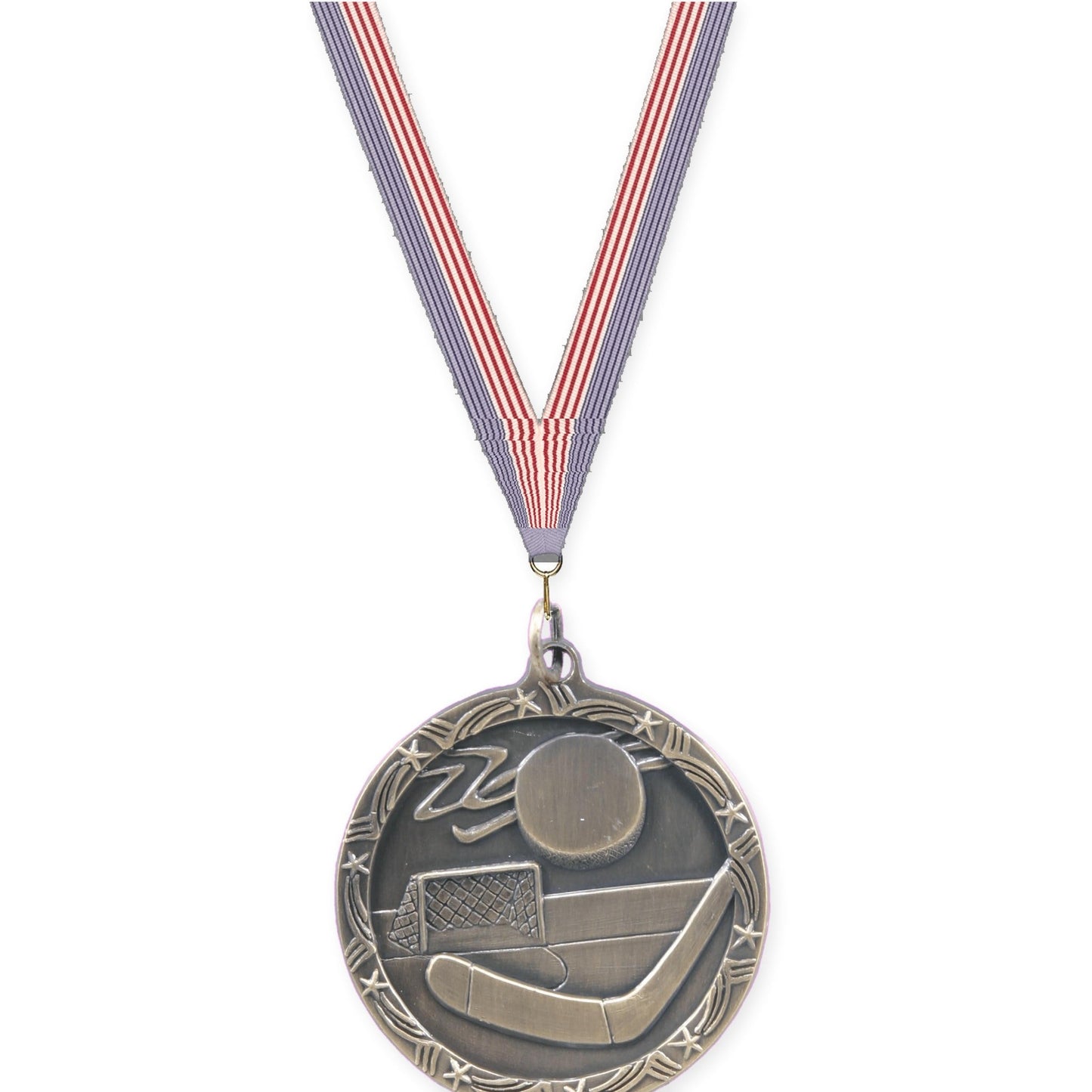 1 3/4 inch hockey Shooting Star medal in antique gold with USA Flag neck ribbon