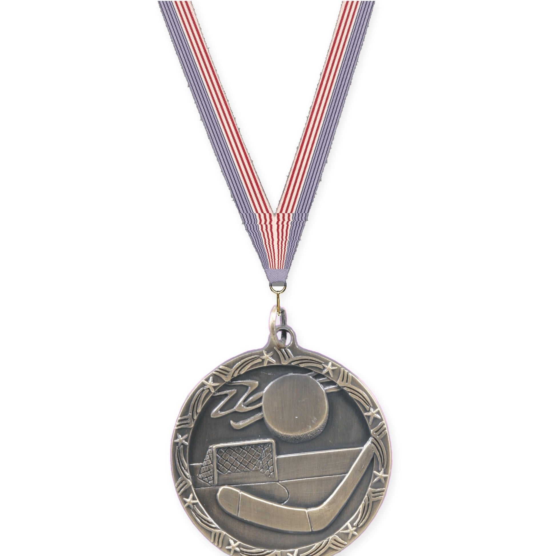 1 3/4 inch hockey Shooting Star medal in antique gold with USA Flag neck ribbon