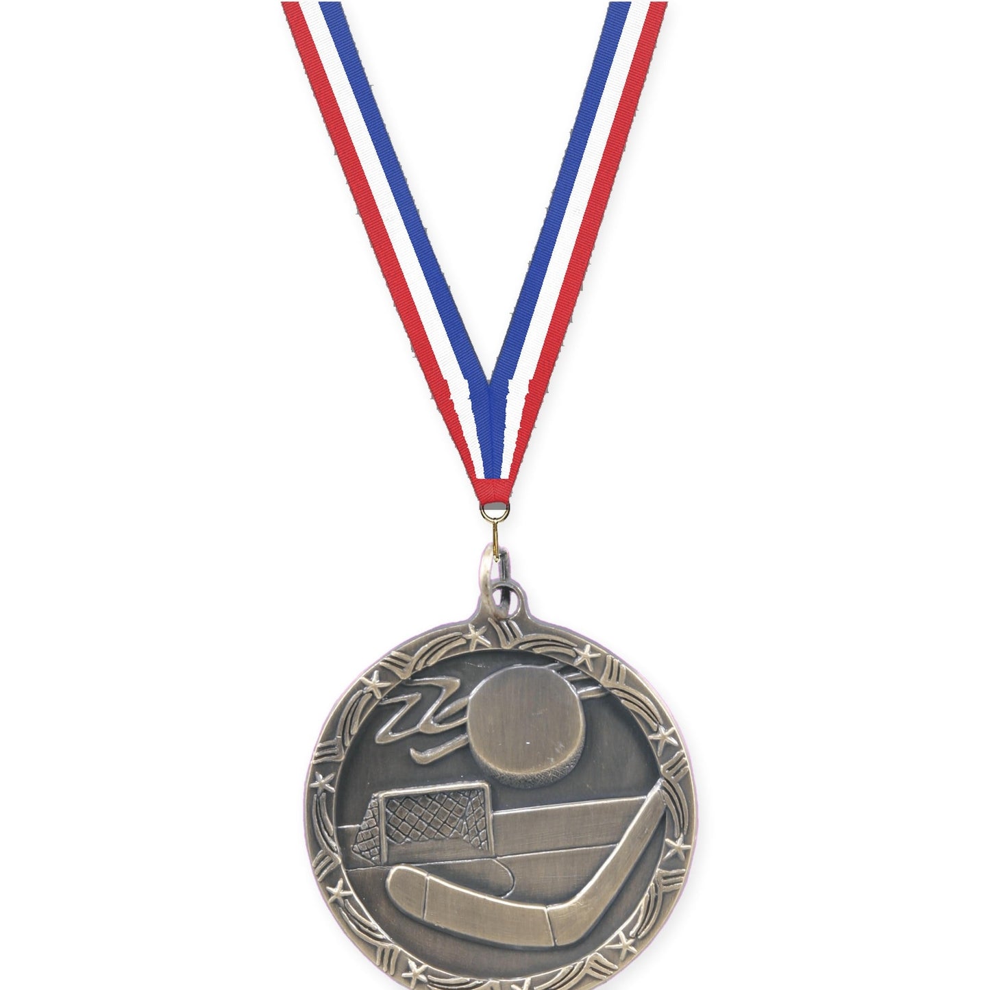 1 3/4 inch hockey Shooting Star medal in antique gold with Red White Blue neck ribbon