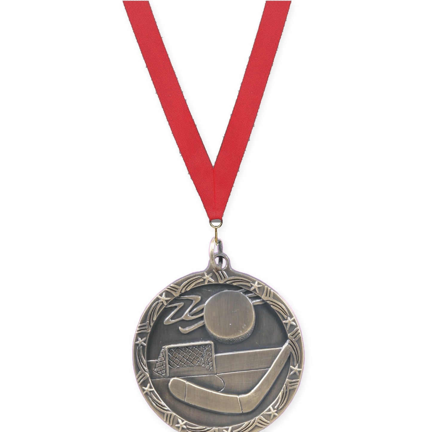 1 3/4 inch hockey Shooting Star medal in antique gold with Red neck ribbon