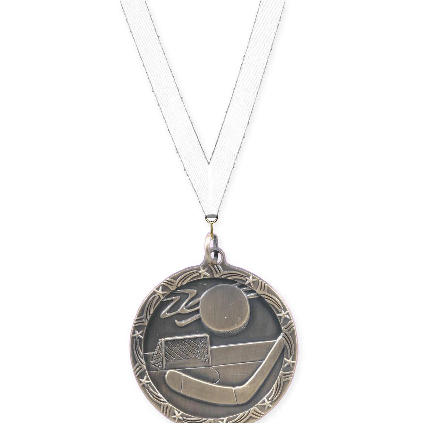 1 3/4 inch hockey Shooting Star medal in antique gold with White neck ribbon