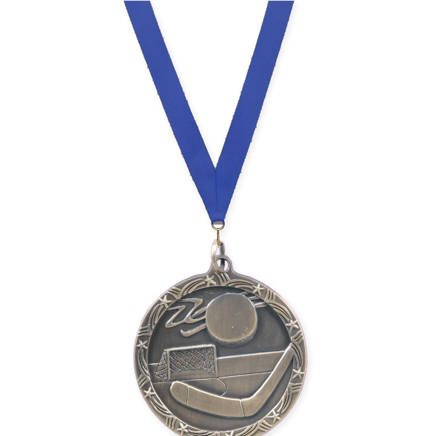 1 3/4 inch hockey Shooting Star medal in antique gold with Blue neck ribbon