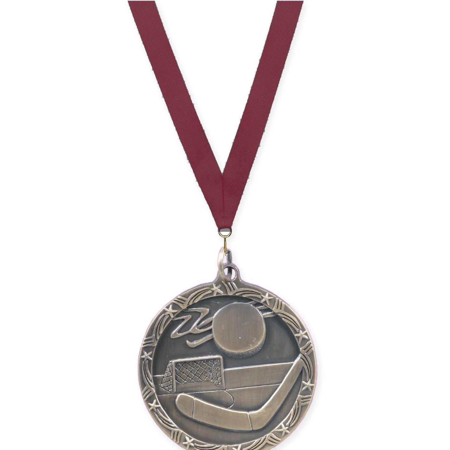 1 3/4 inch hockey Shooting Star medal in antique gold with Maroon neck ribbon