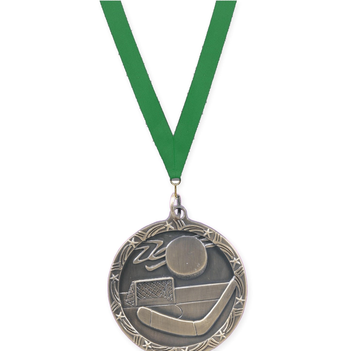 1 3/4 inch hockey Shooting Star medal in antique gold with Green neck ribbon