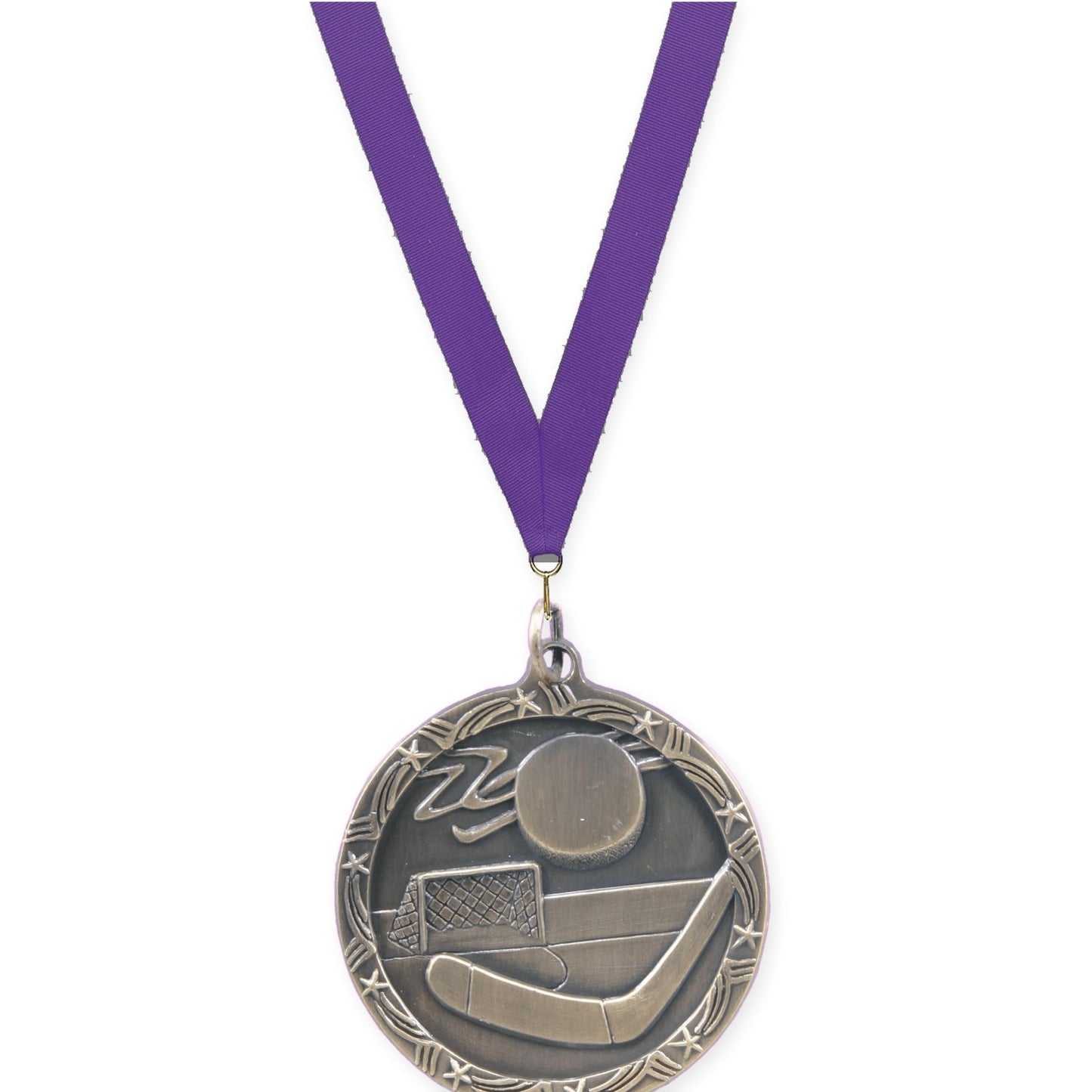 1 3/4 inch hockey Shooting Star medal in antique gold with Purple neck ribbon