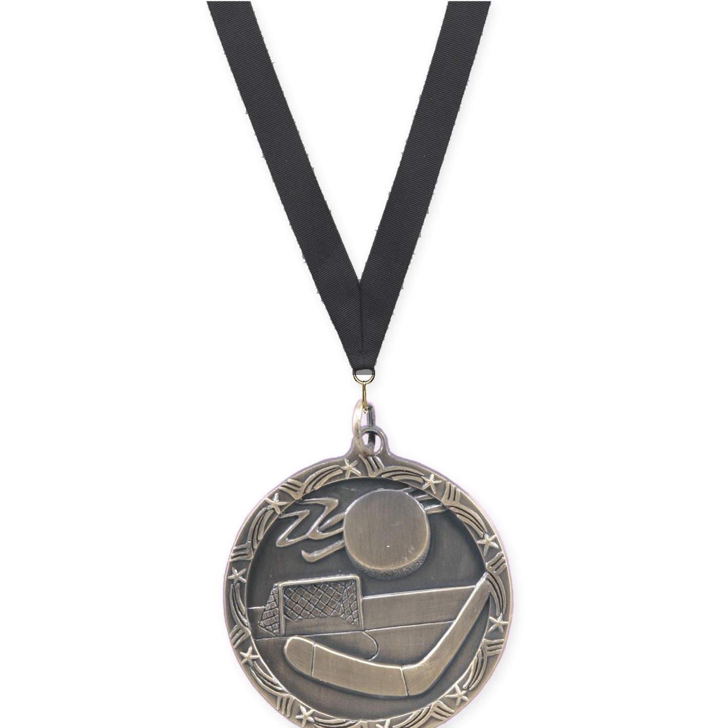 1 3/4 inch hockey Shooting Star medal in antique gold with Black neck ribbon