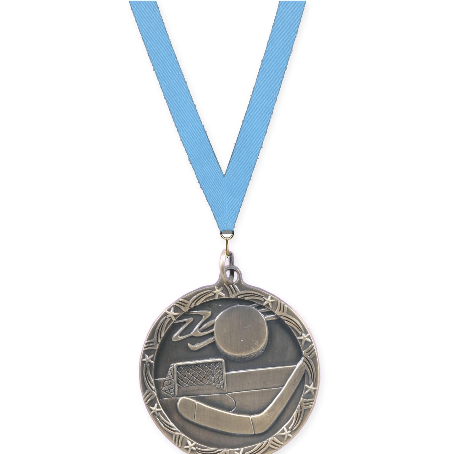 1 3/4 inch hockey Shooting Star medal in antique gold with Light Blue neck ribbon