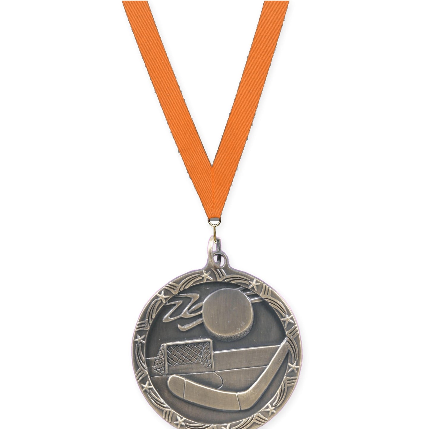 1 3/4 inch hockey Shooting Star medal in antique gold with Orange neck ribbon