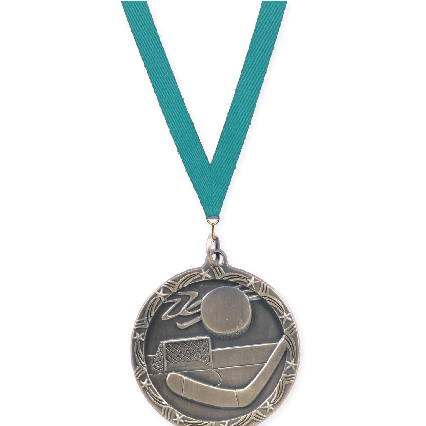 1 3/4 inch hockey Shooting Star medal in antique gold with Teal neck ribbon