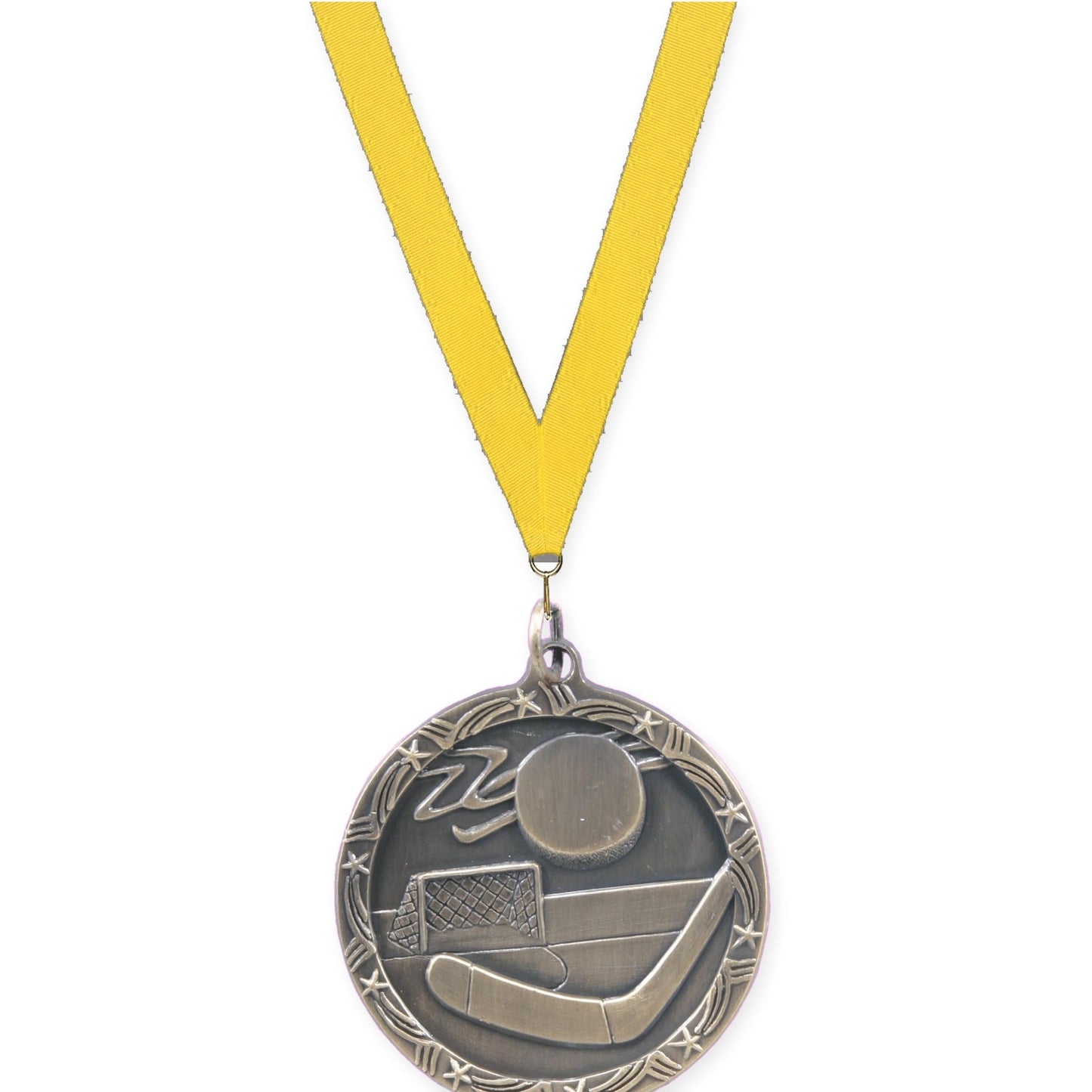 1 3/4 inch hockey Shooting Star medal in antique gold with Yellow neck ribbon