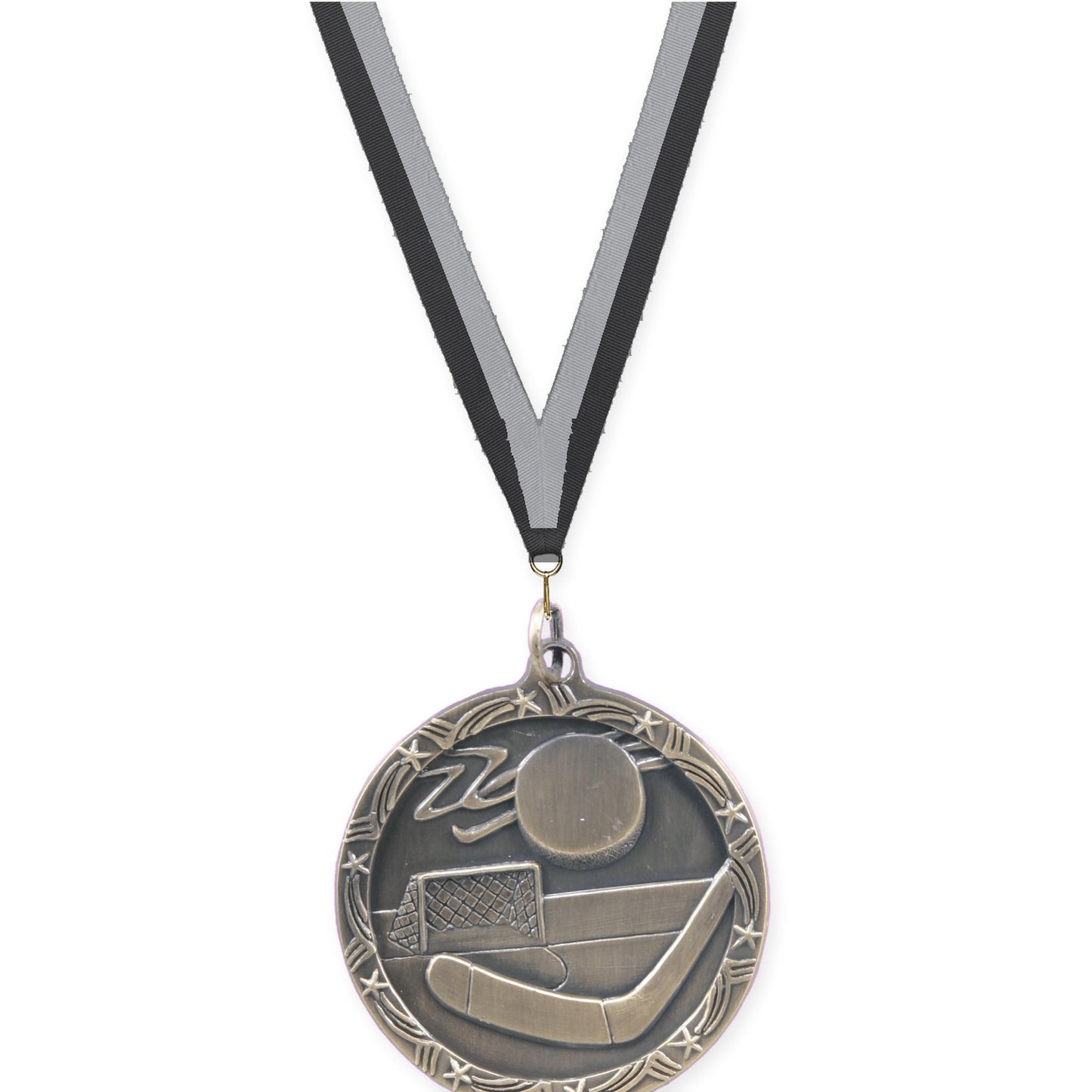 1 3/4 inch hockey Shooting Star medal in antique gold with Black Gray neck ribbon