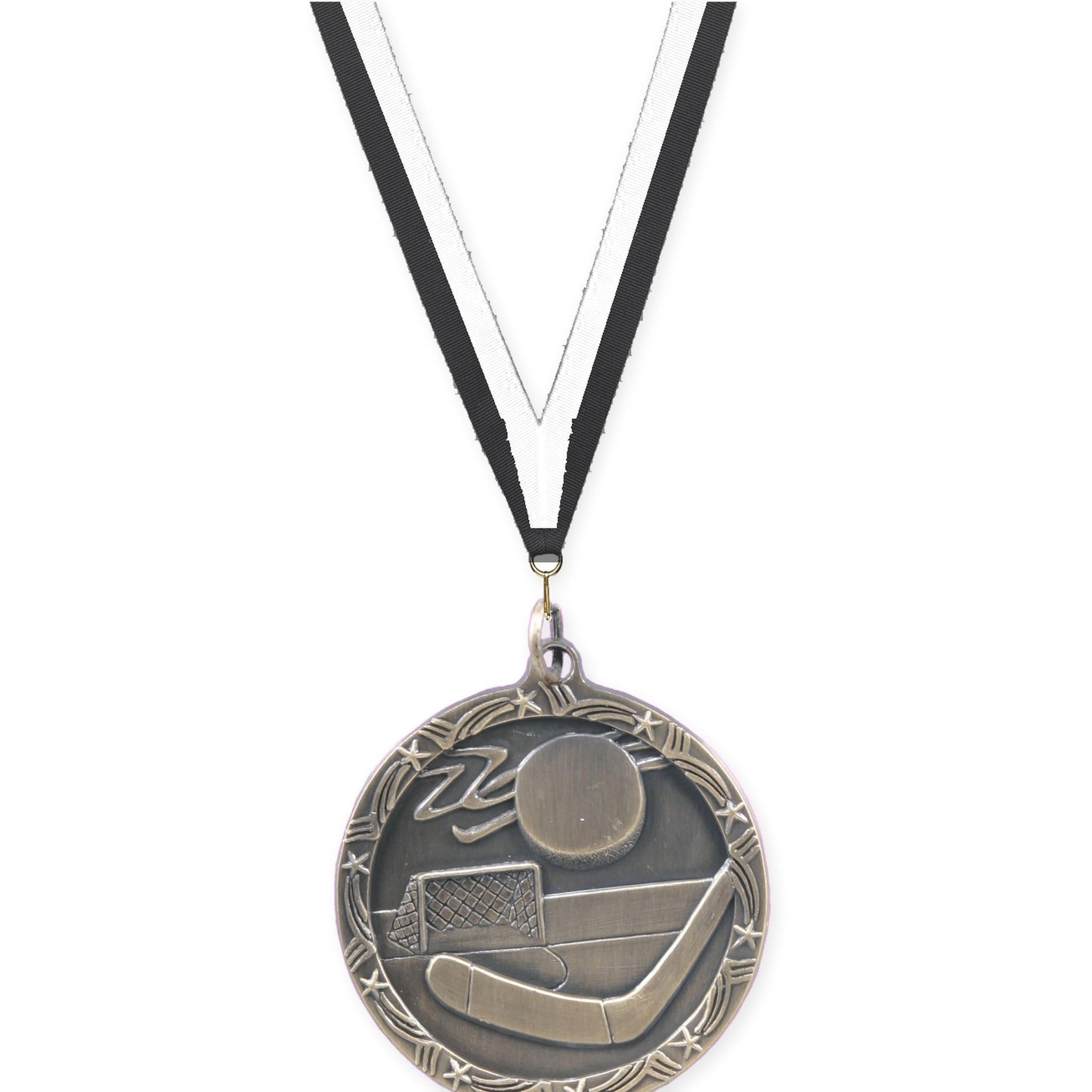 1 3/4 inch hockey Shooting Star medal in antique gold with Black White neck ribbon