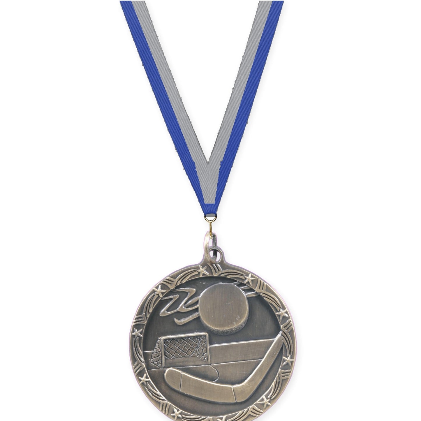 1 3/4 inch hockey Shooting Star medal in antique gold with Blue Gray neck ribbon