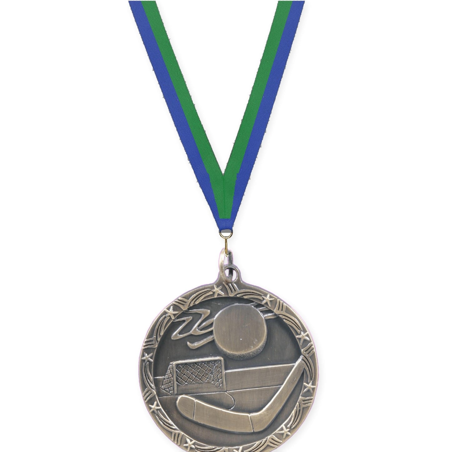 1 3/4 inch hockey Shooting Star medal in antique gold with Blue Green neck ribbon