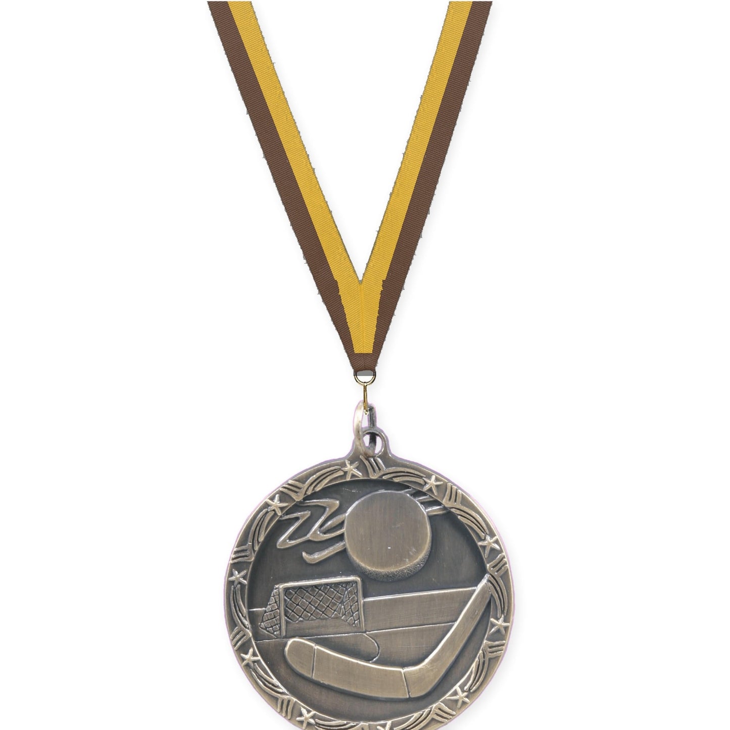 1 3/4 inch hockey Shooting Star medal in antique gold with Brown Gold neck ribbon