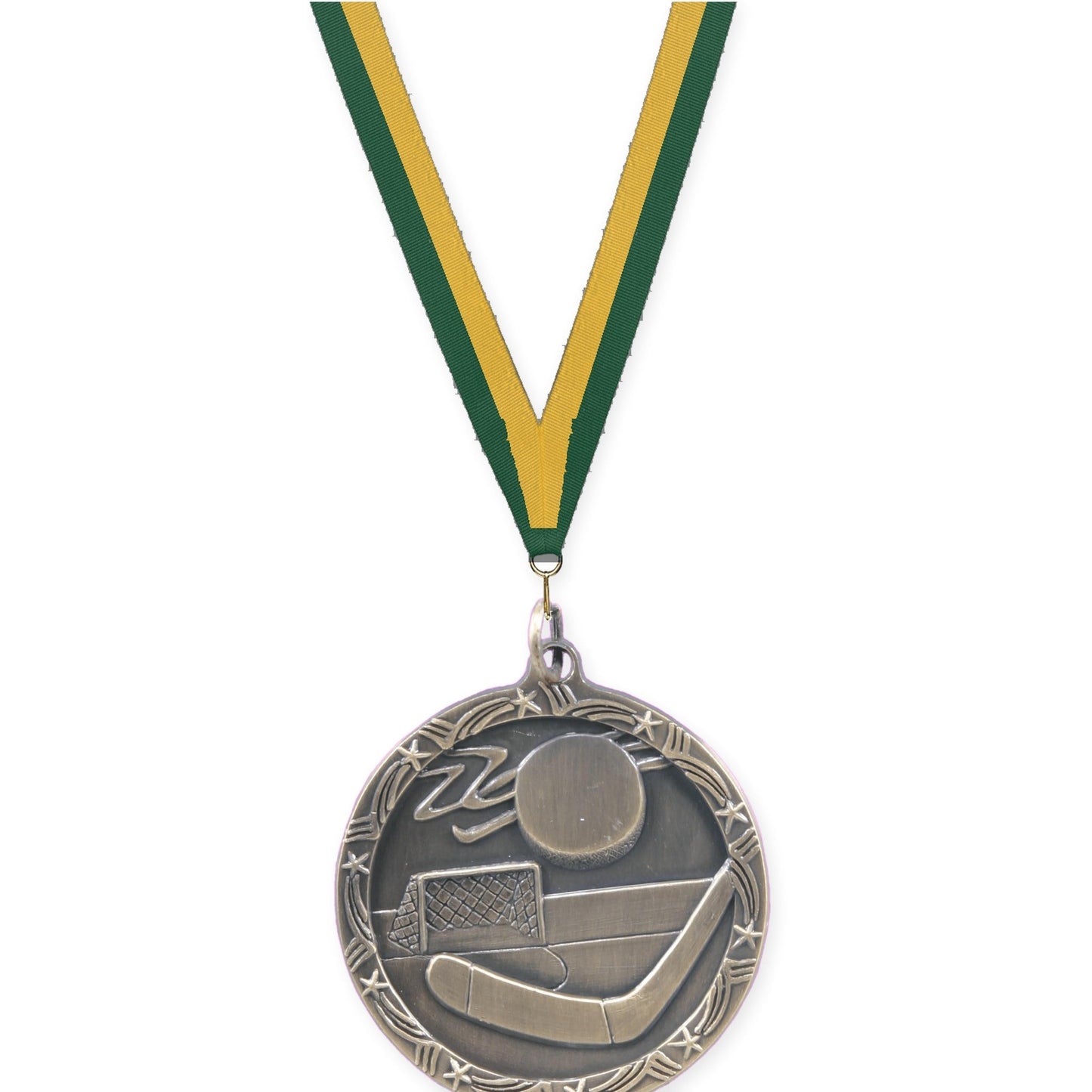 1 3/4 inch hockey Shooting Star medal in antique gold with Hunter Green Gold neck ribbon