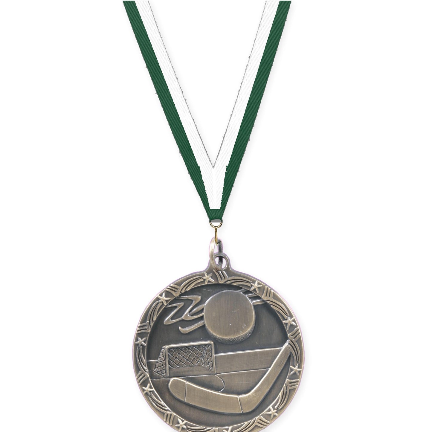 1 3/4 inch hockey Shooting Star medal in antique gold with Hunter Green White neck ribbon