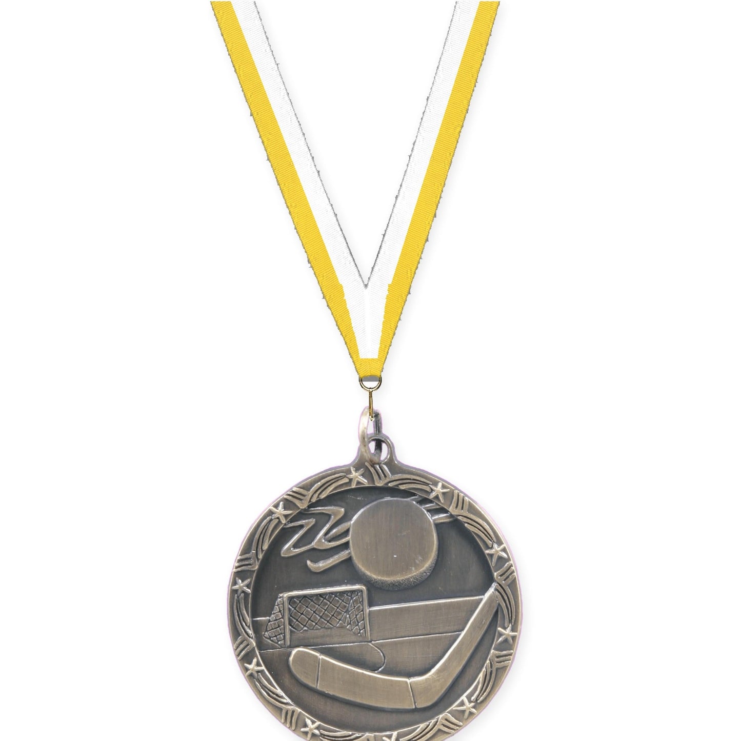 1 3/4 inch hockey Shooting Star medal in antique gold with Yellow White neck ribbon