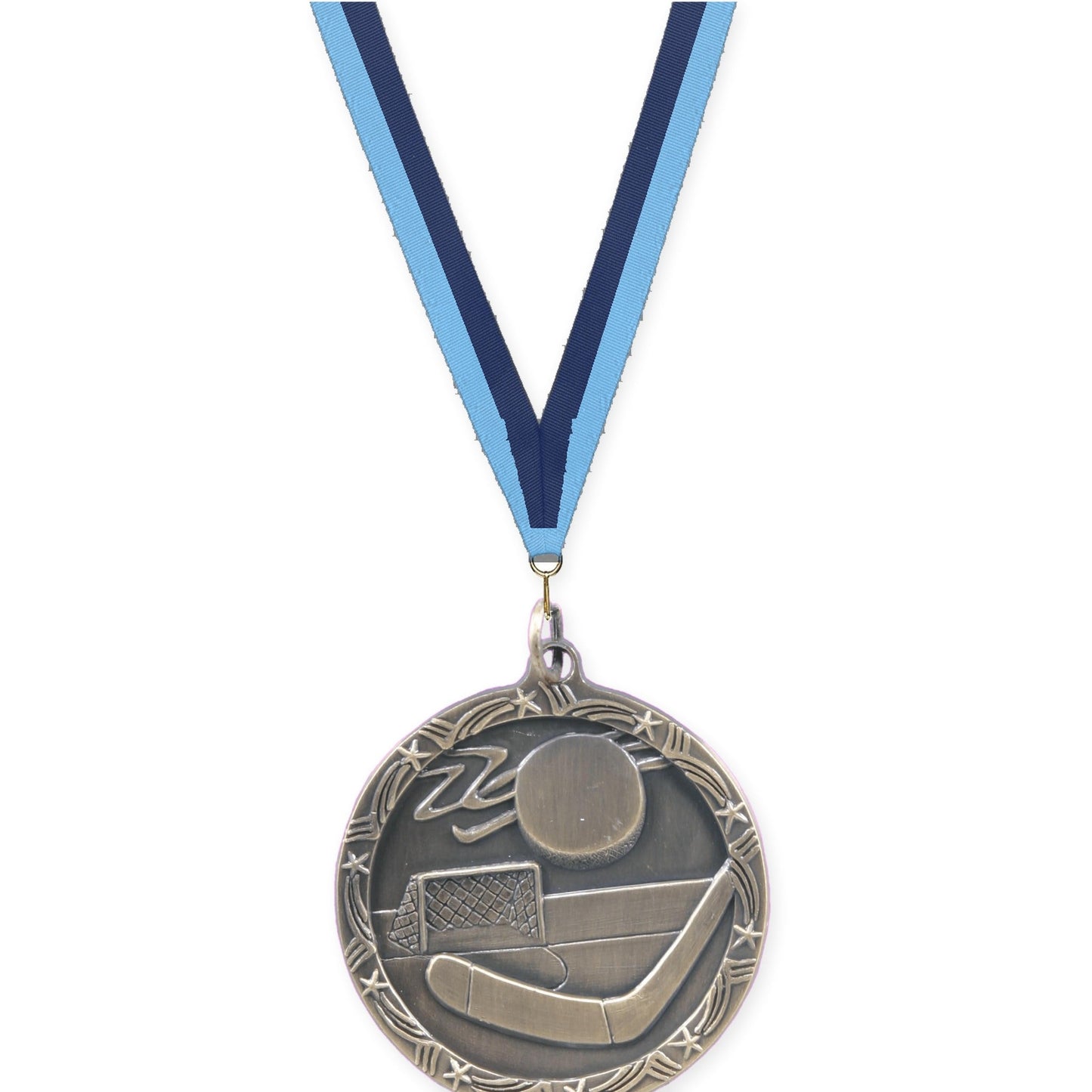 1 3/4 inch hockey Shooting Star medal in antique gold with Light Blue Navy neck ribbon