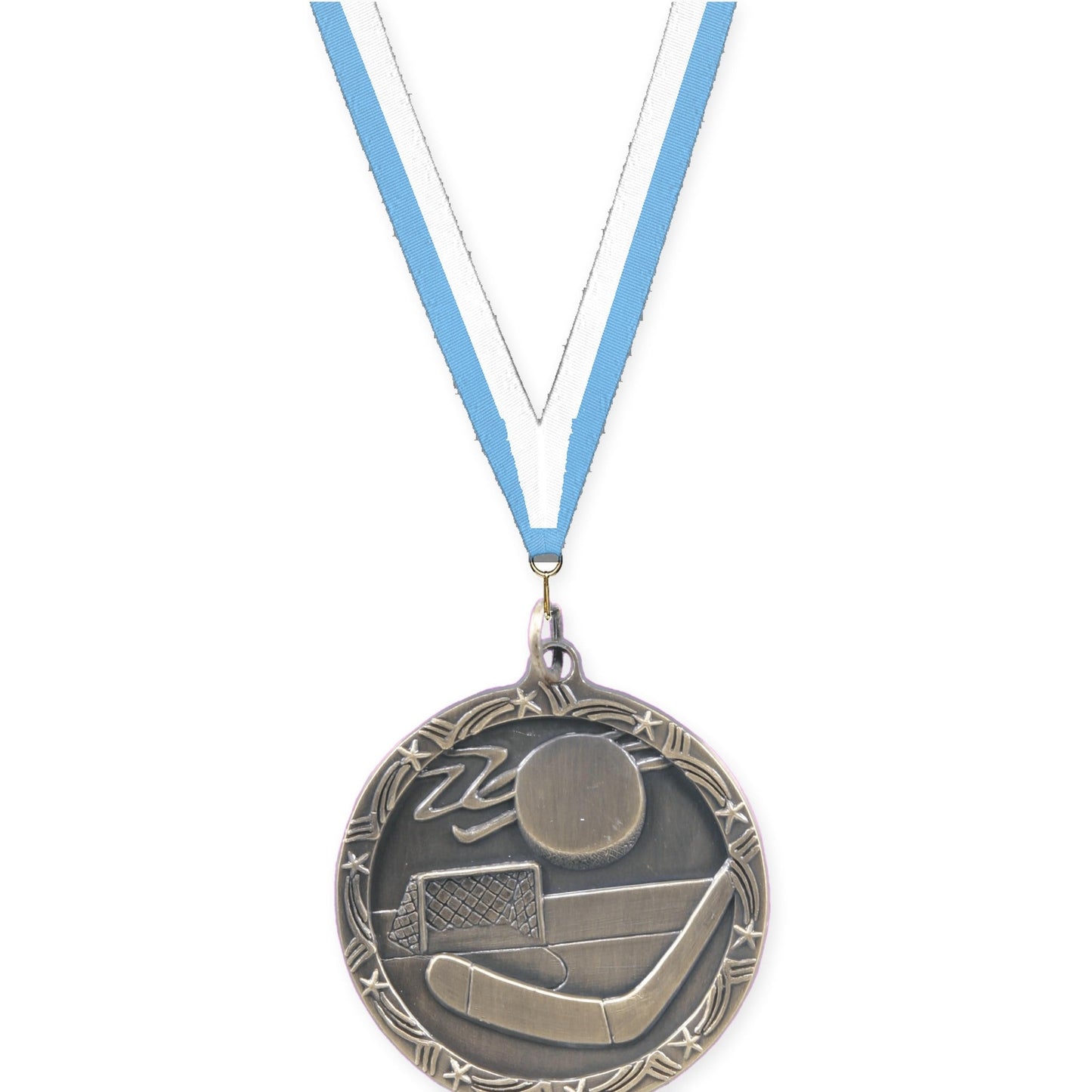 1 3/4 inch hockey Shooting Star medal in antique gold with Light Blue White neck ribbon