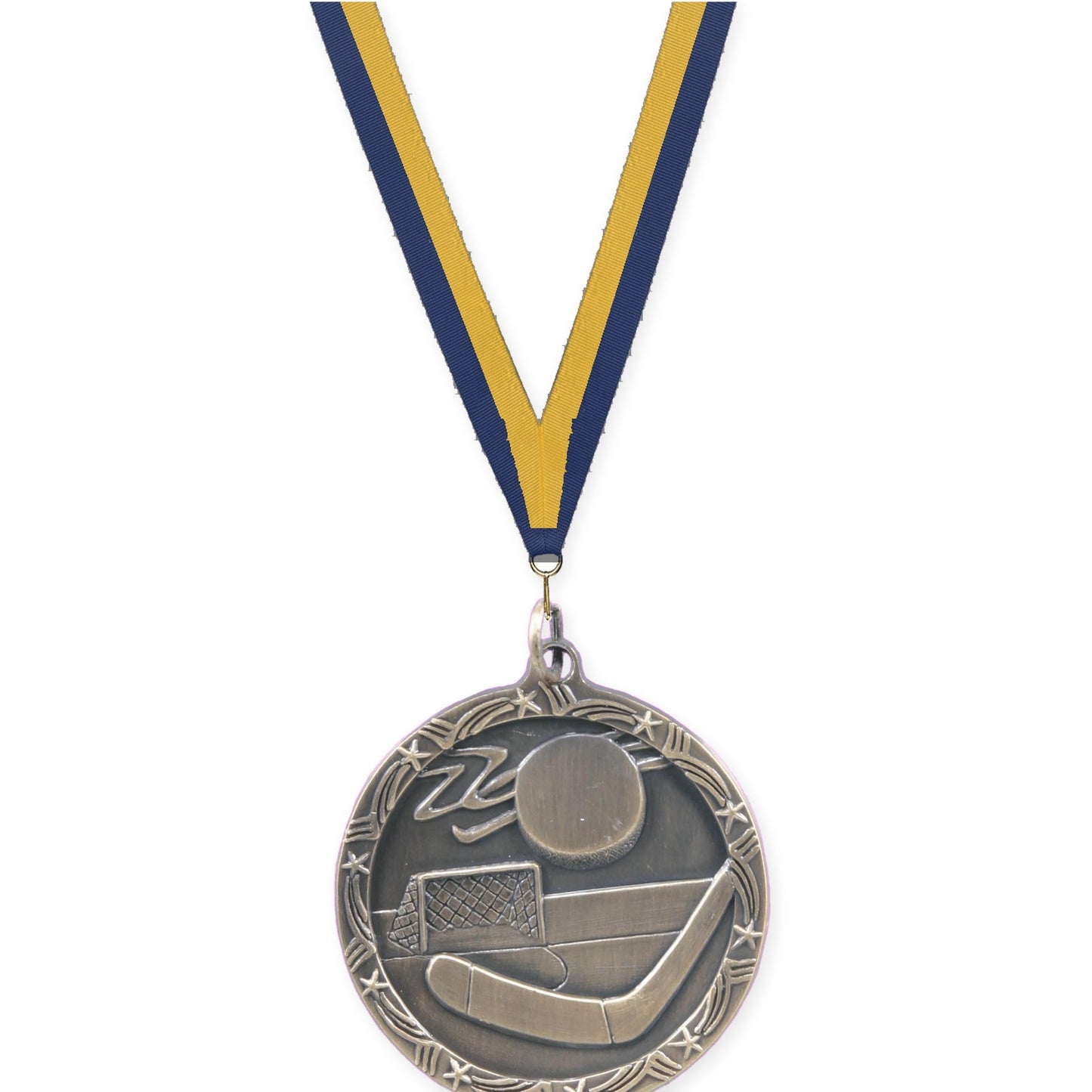 1 3/4 inch hockey Shooting Star medal in antique gold with Navy Gold neck ribbon