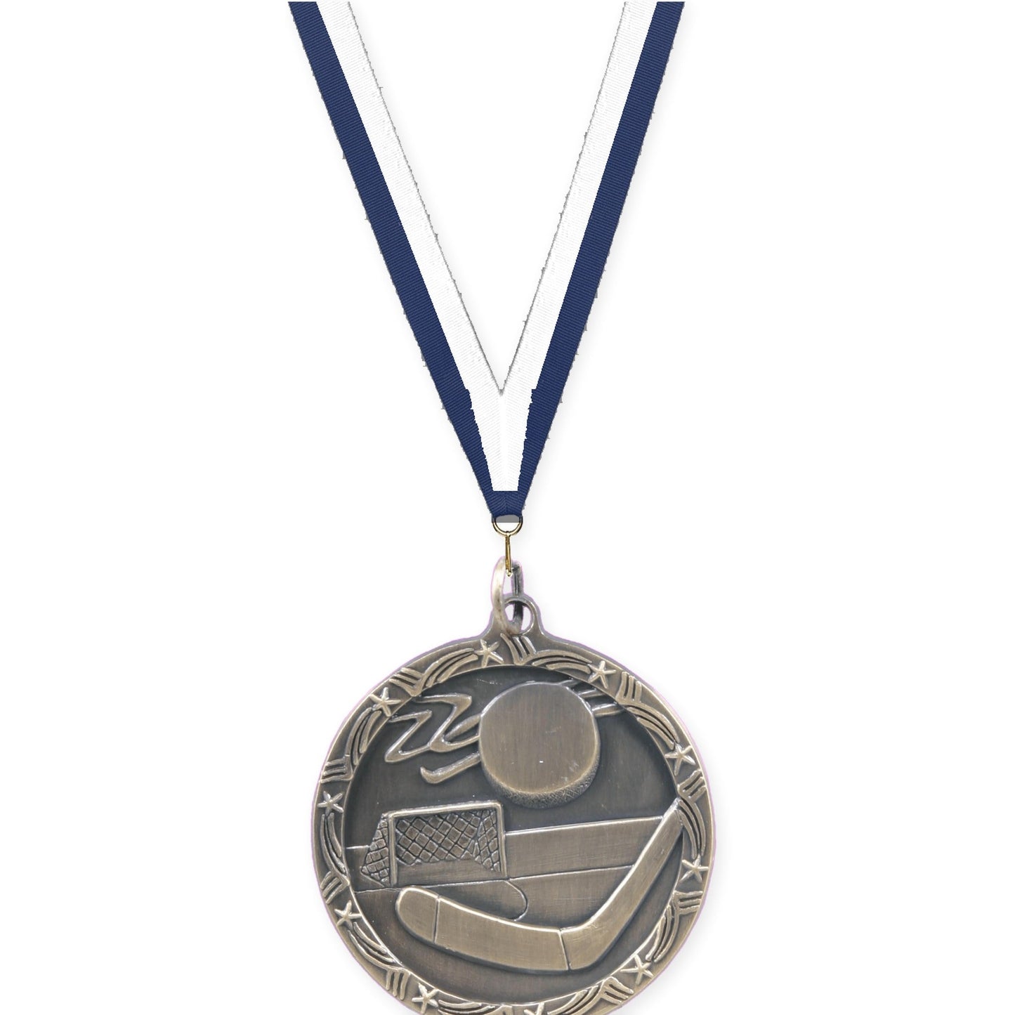 1 3/4 inch hockey Shooting Star medal in antique gold with Navy White neck ribbon