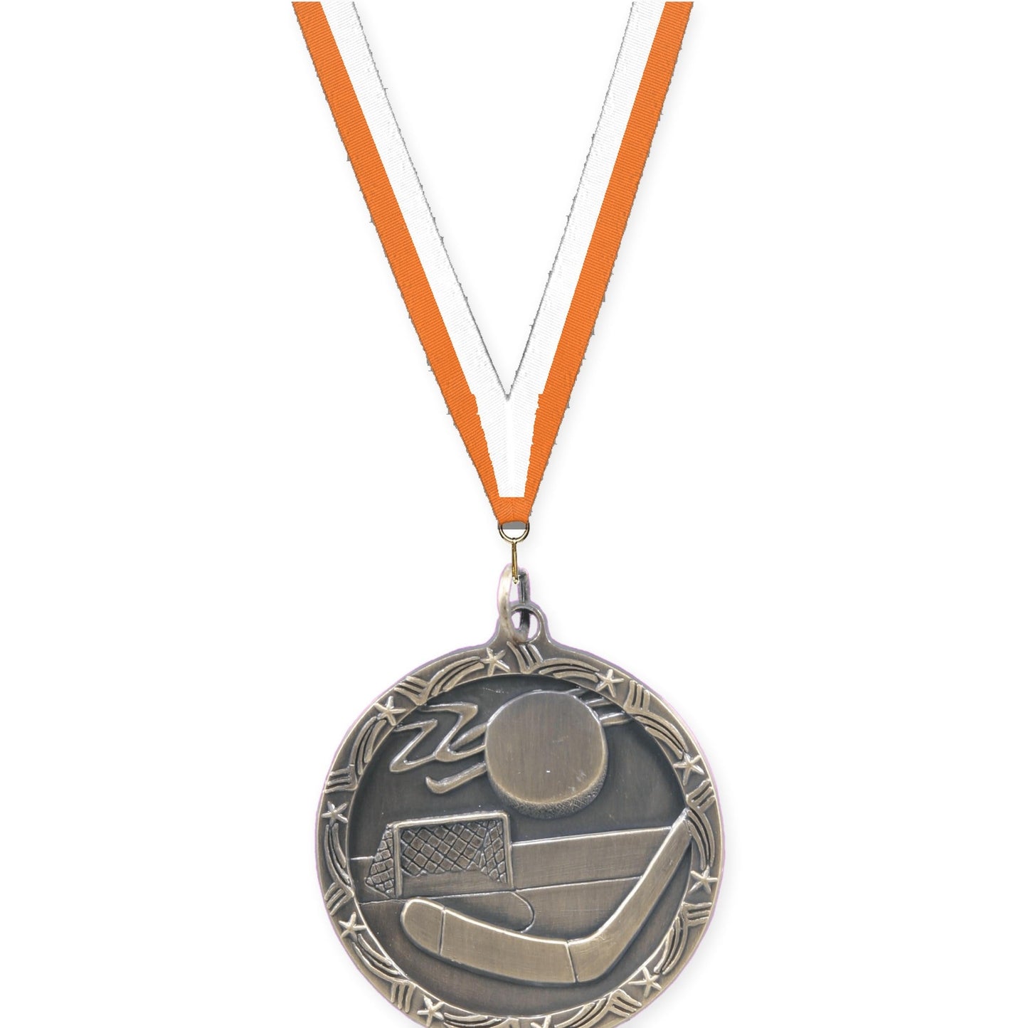 1 3/4 inch hockey Shooting Star medal in antique gold with Orange White neck ribbon