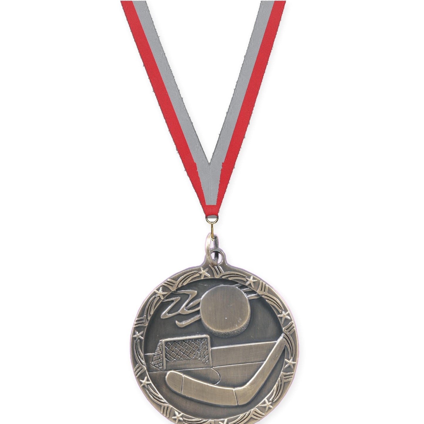 1 3/4 inch hockey Shooting Star medal in antique gold with Red Gray neck ribbon