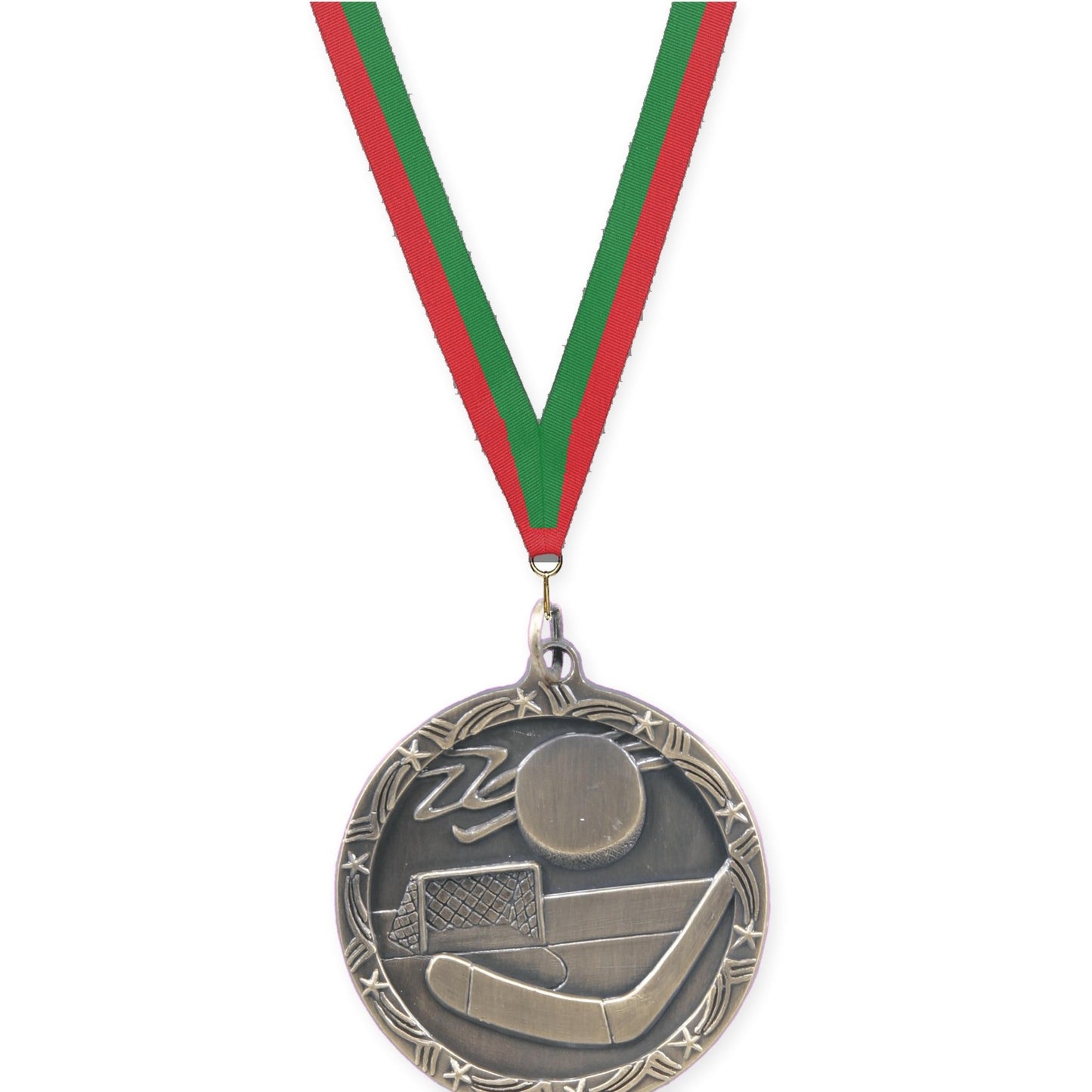 1 3/4 inch hockey Shooting Star medal in antique gold with Red Green neck ribbon