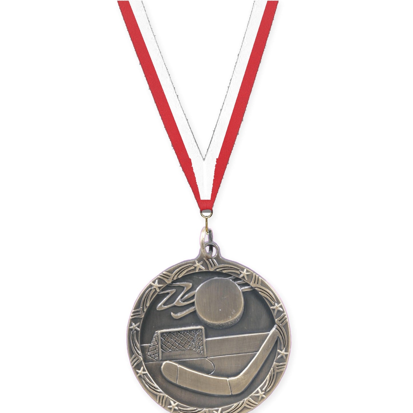 1 3/4 inch hockey Shooting Star medal in antique gold with Red White neck ribbon