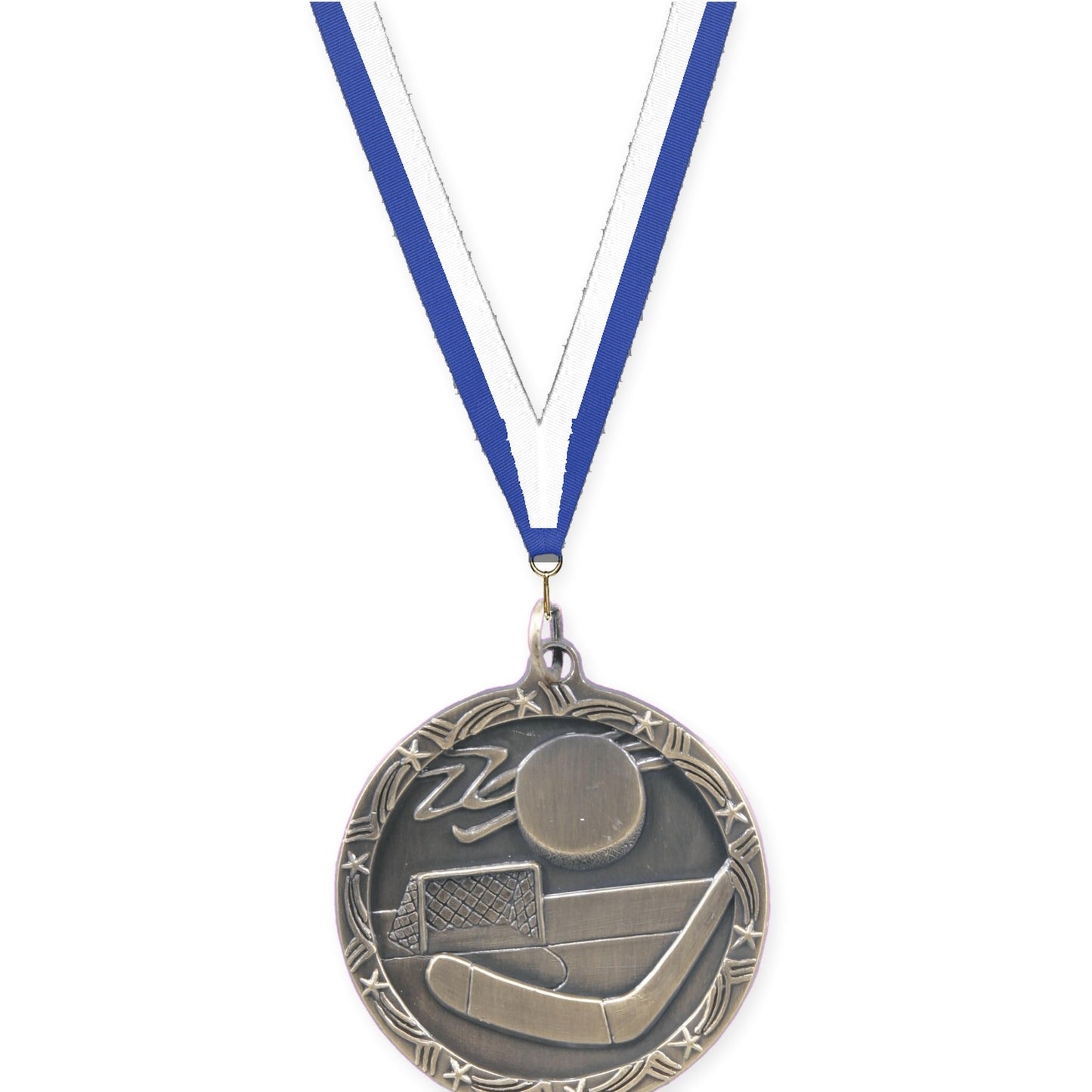 1 3/4 inch hockey Shooting Star medal in antique gold with Blue White neck ribbon