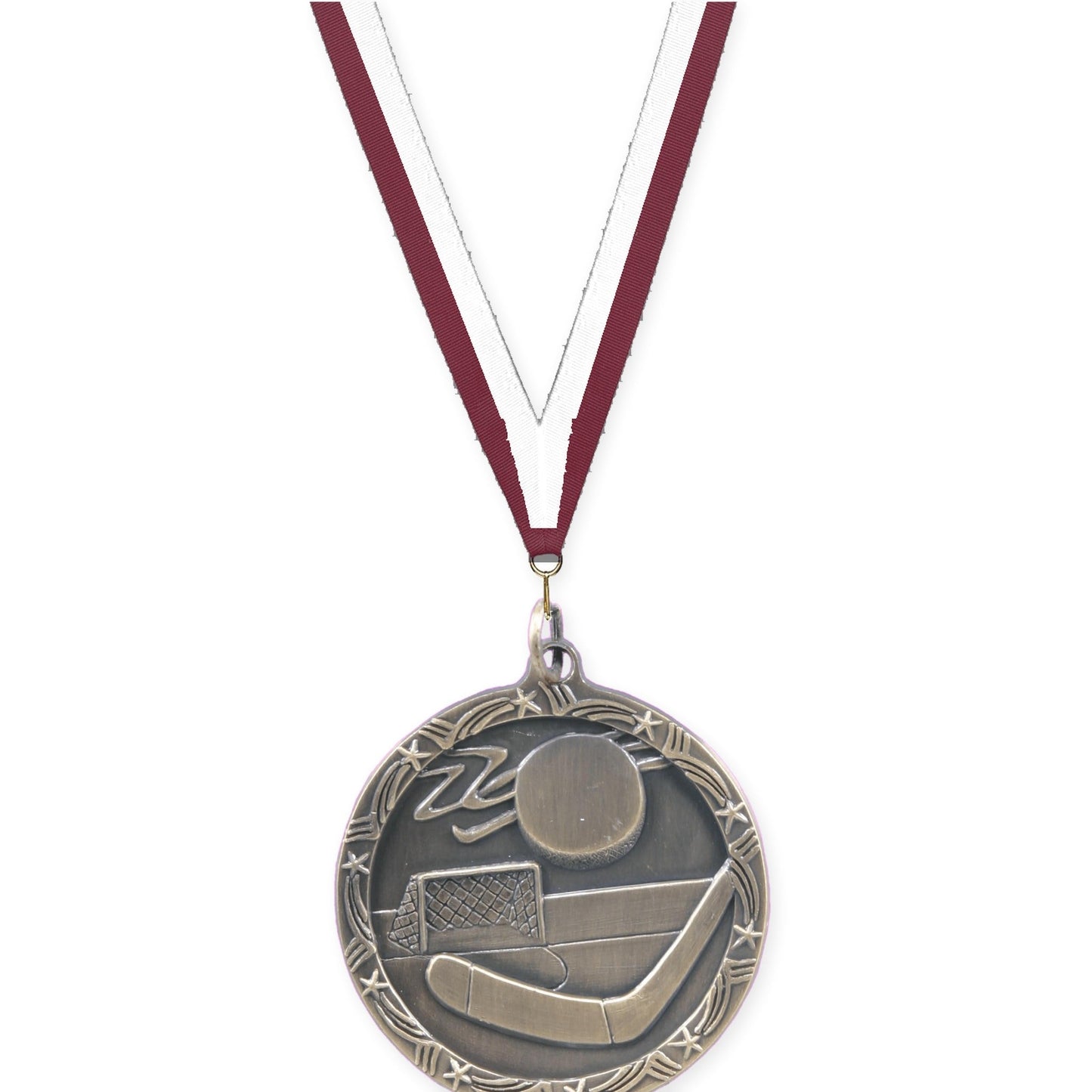 1 3/4 inch hockey Shooting Star medal in antique gold with Maroon White neck ribbon