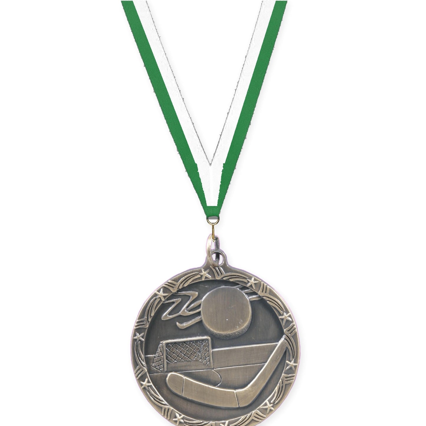 1 3/4 inch hockey Shooting Star medal in antique gold with Green White neck ribbon
