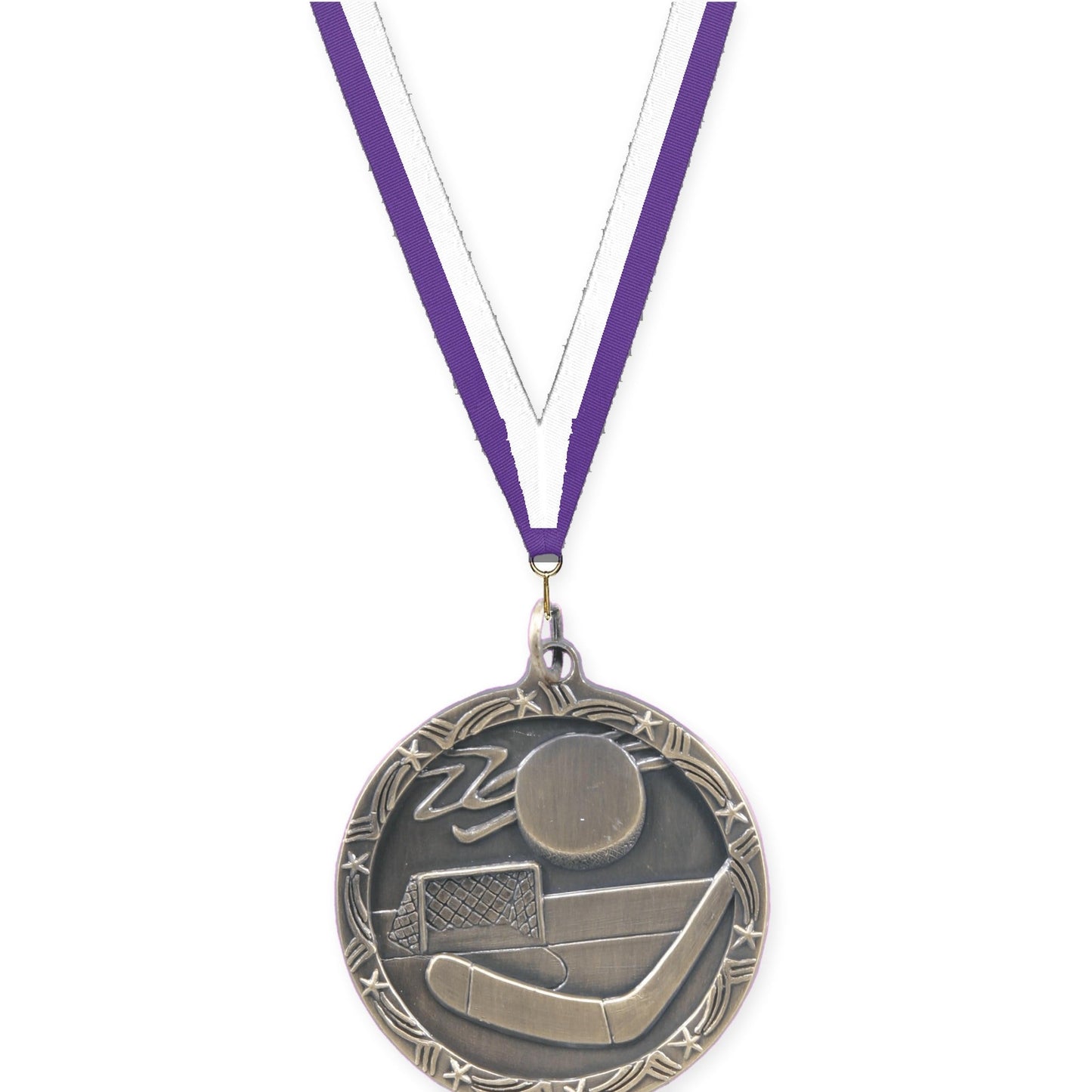 1 3/4 inch hockey Shooting Star medal in antique gold with Purple White neck ribbon