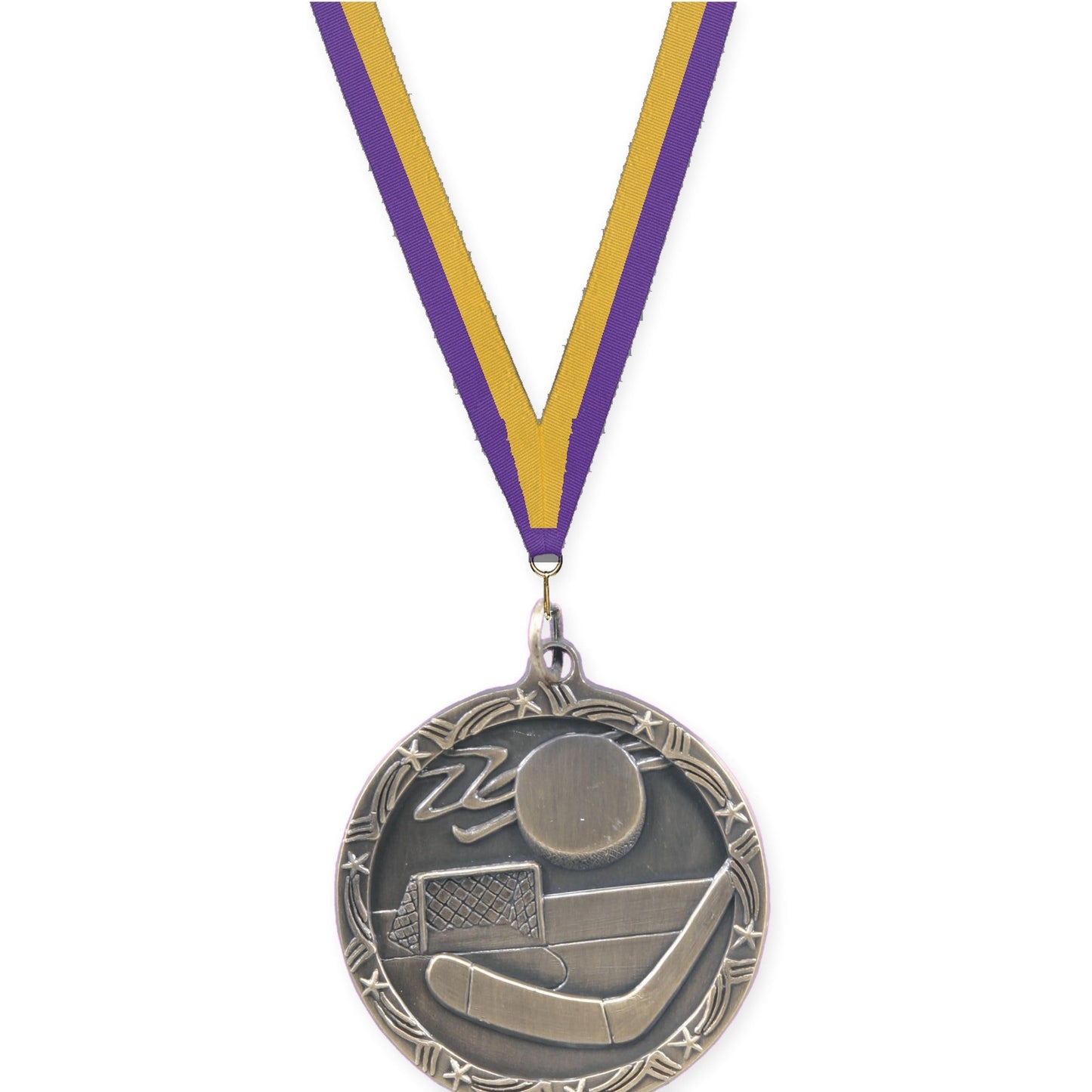 1 3/4 inch hockey Shooting Star medal in antique gold with Purple Gold neck ribbon