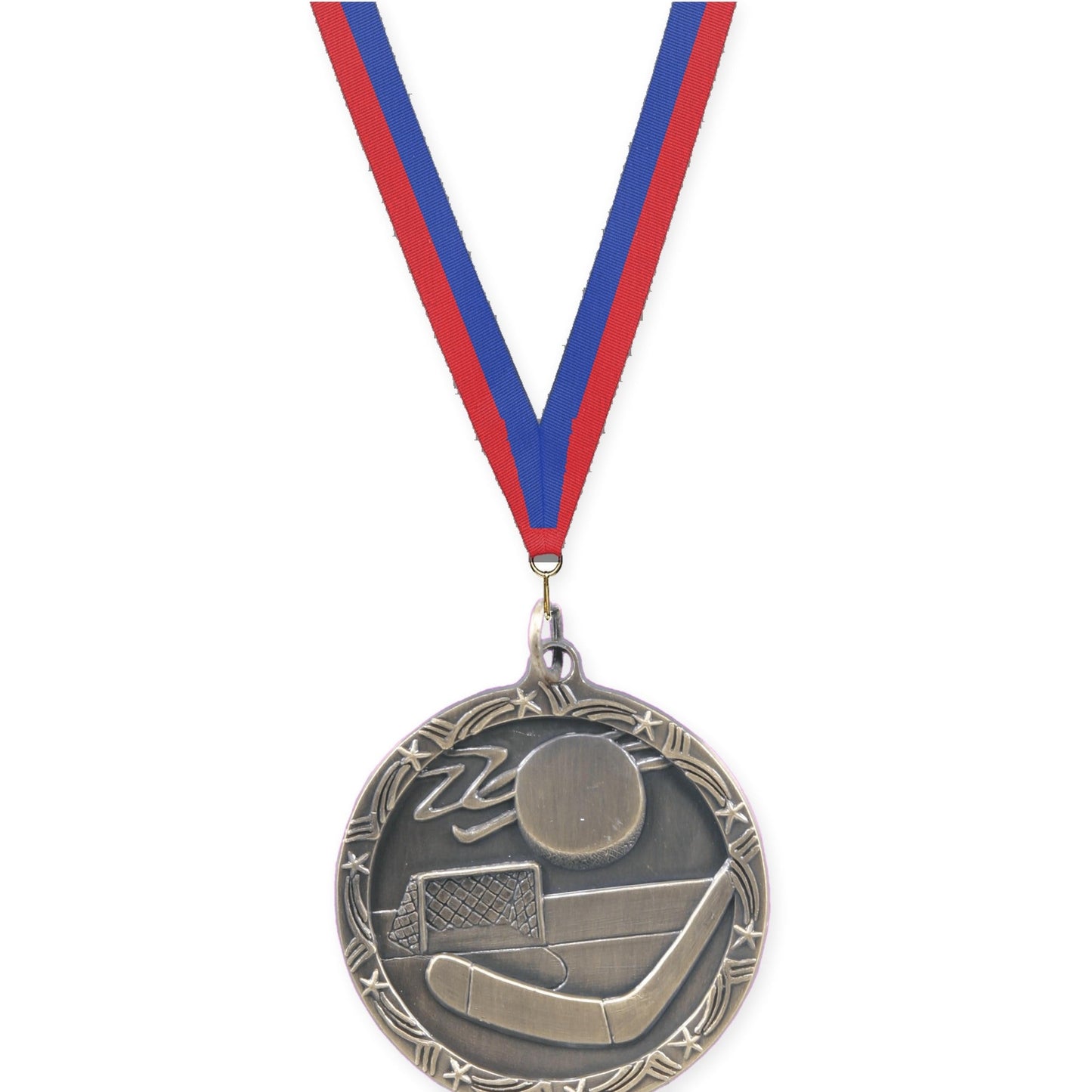 1 3/4 inch hockey Shooting Star medal in antique gold with Blue Red neck ribbon