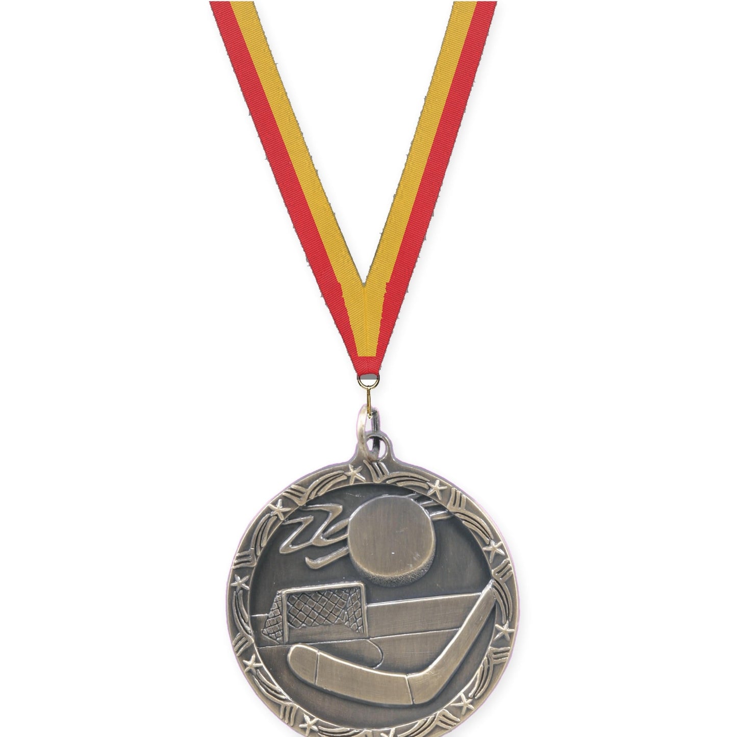 1 3/4 inch hockey Shooting Star medal in antique gold with Red Gold neck ribbon