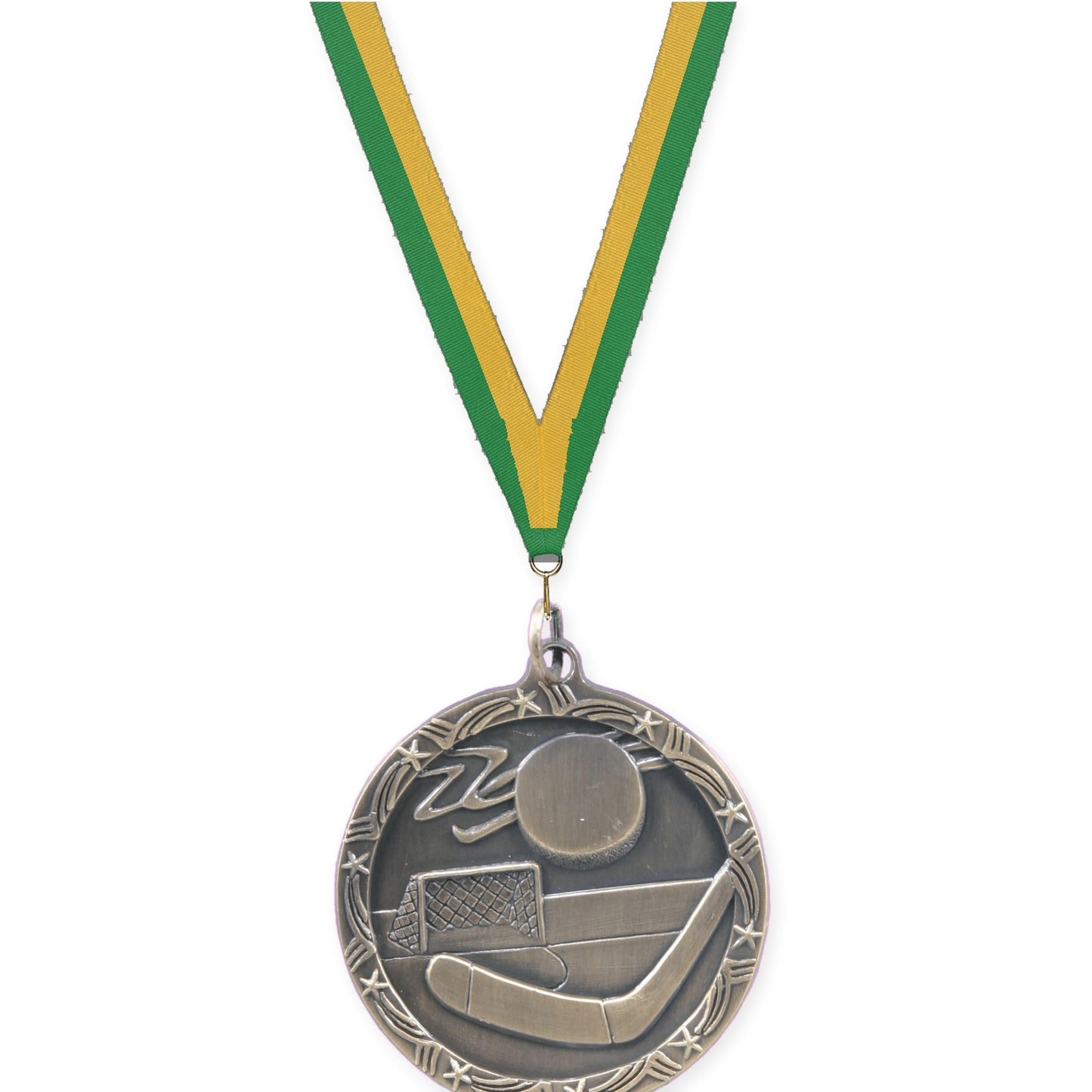 1 3/4 inch hockey Shooting Star medal in antique gold with Green Gold neck ribbon