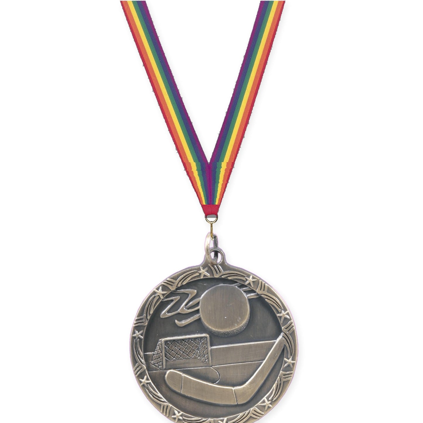 1 3/4 inch hockey Shooting Star medal in antique gold with Rainbow neck ribbon
