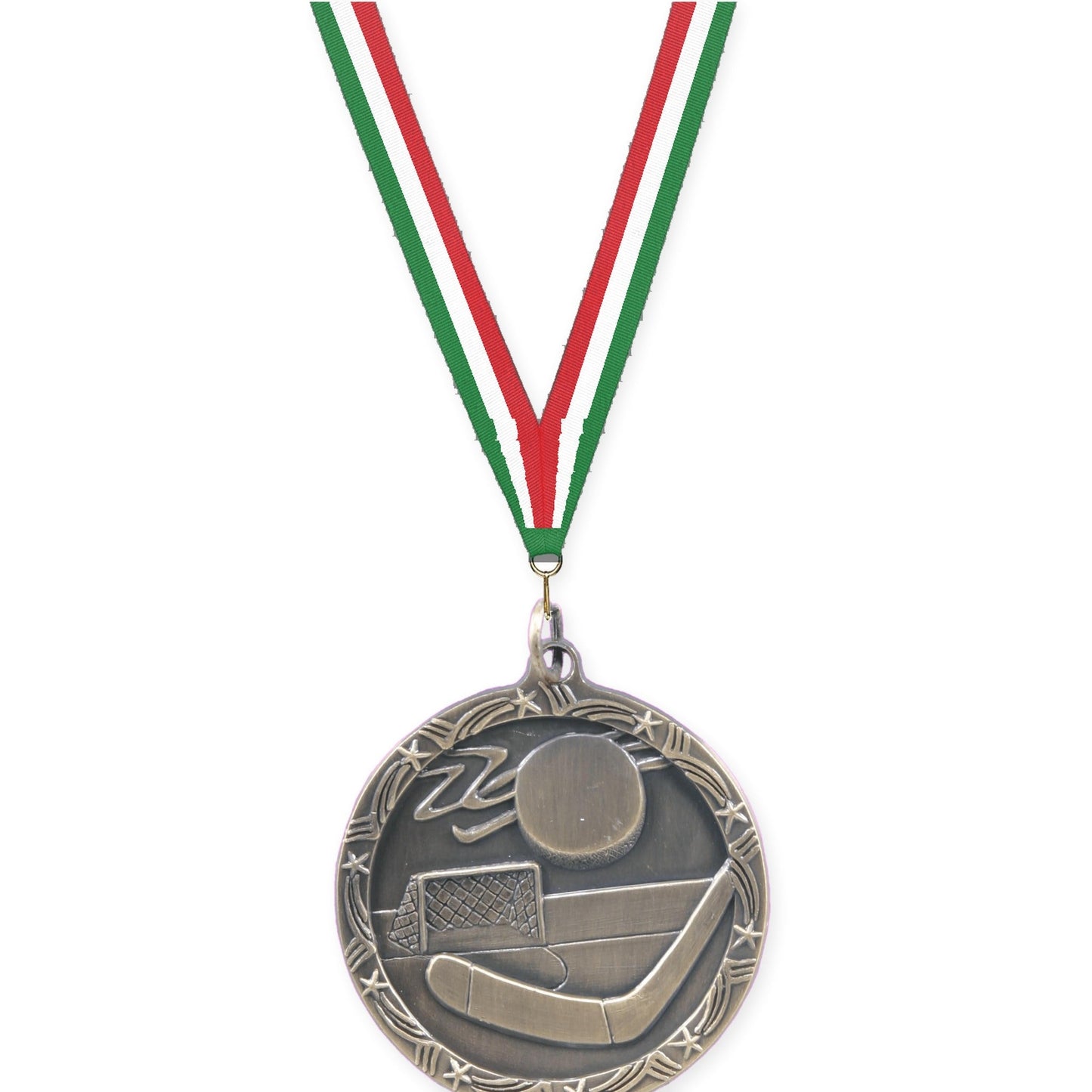 1 3/4 inch hockey Shooting Star medal in antique gold with Green White Red neck ribbon