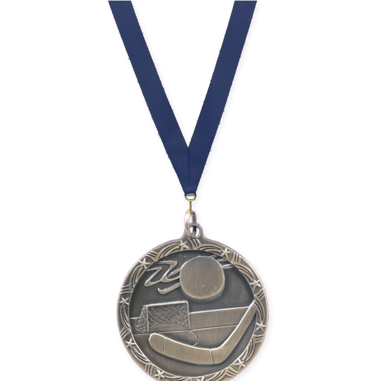 1 3/4 inch hockey Shooting Star medal in antique gold with Navy neck ribbon